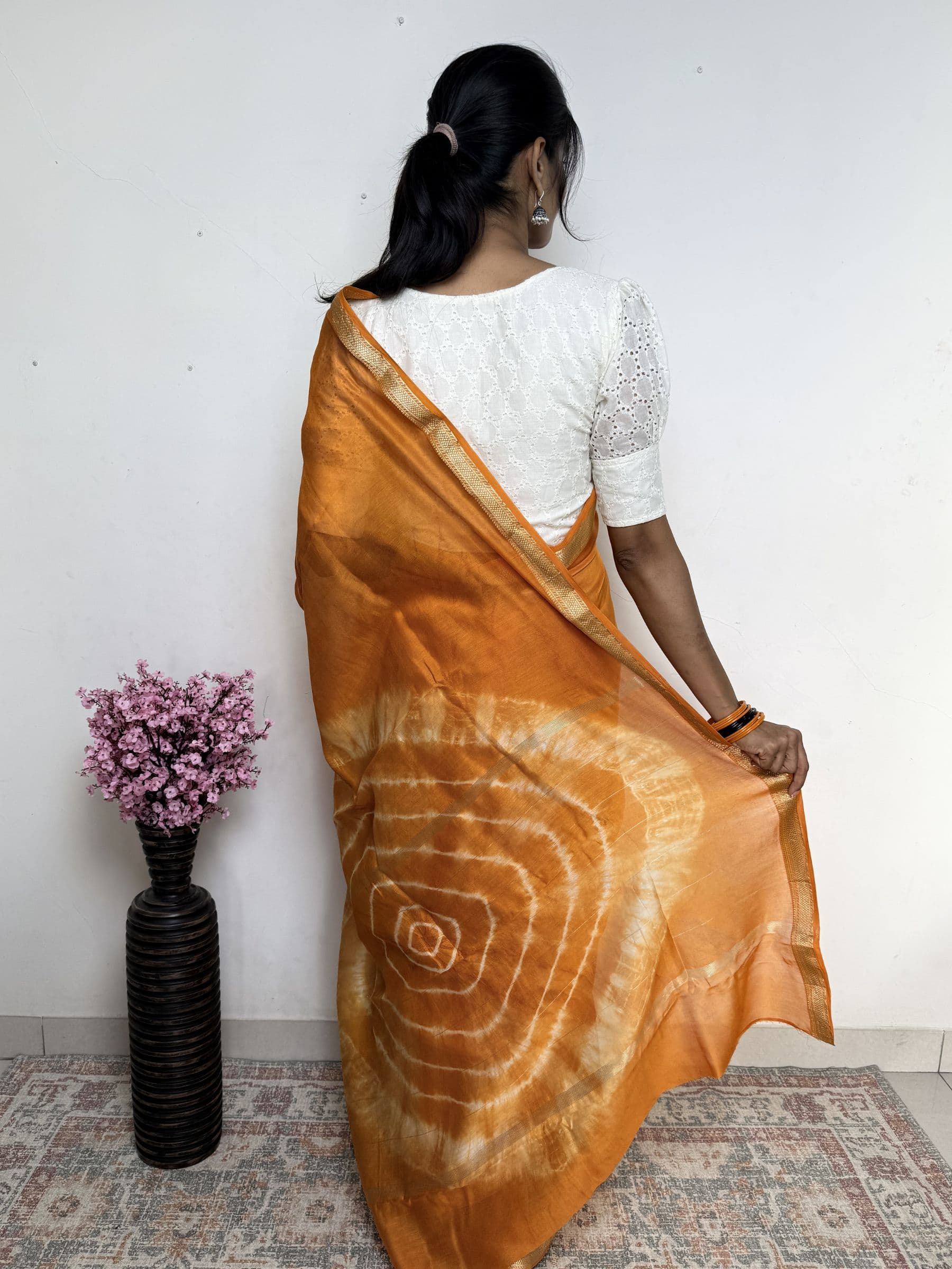 Bandhej Maheshwari Cotton Silk Saree in Mustard Orange