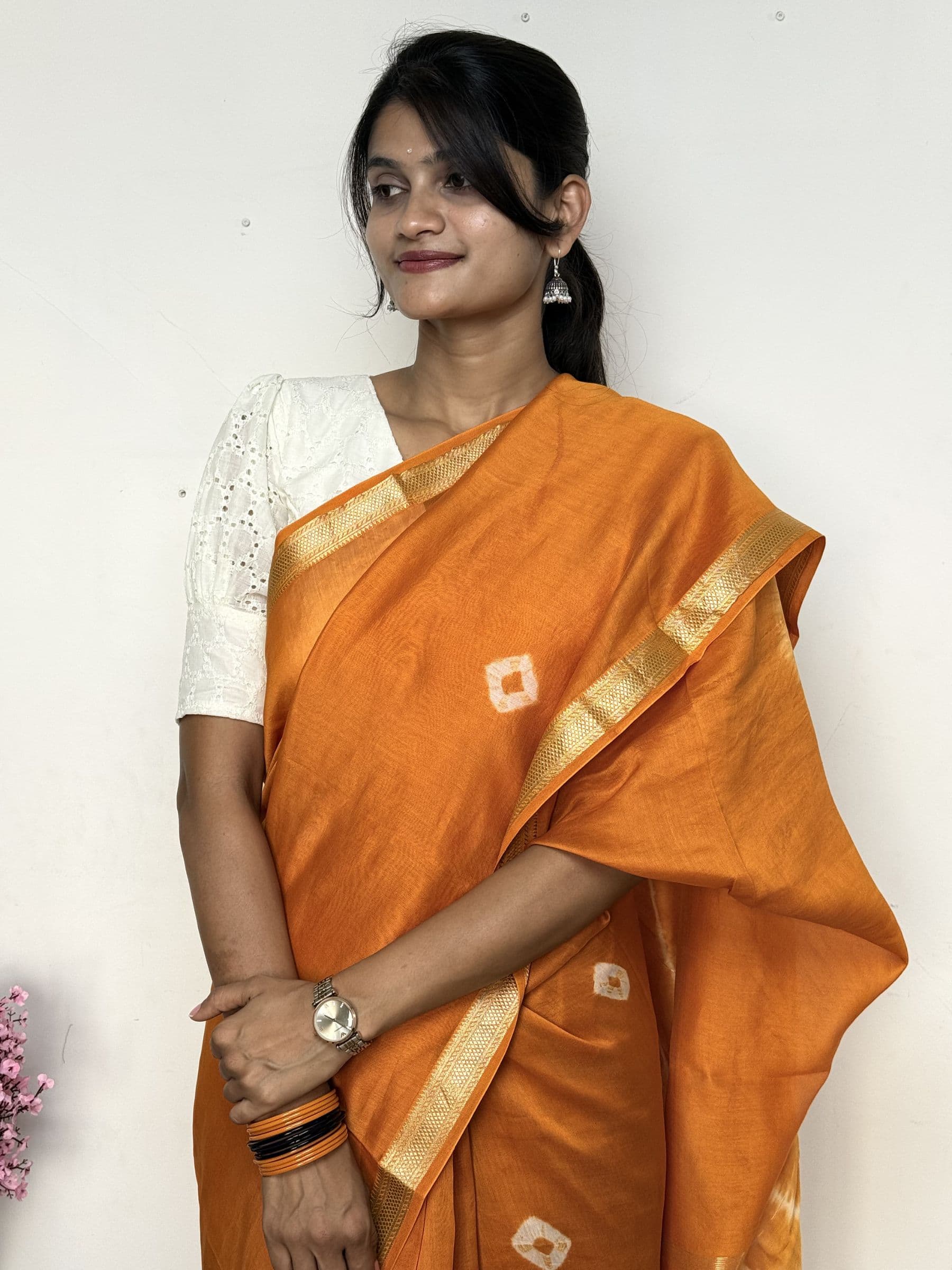 Bandhej Maheshwari Cotton Silk Saree in Mustard Orange