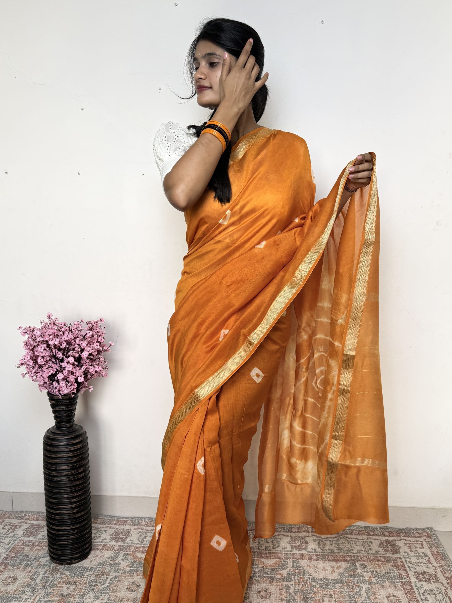 Bandhej Maheshwari Cotton Silk Saree in Mustard Orange