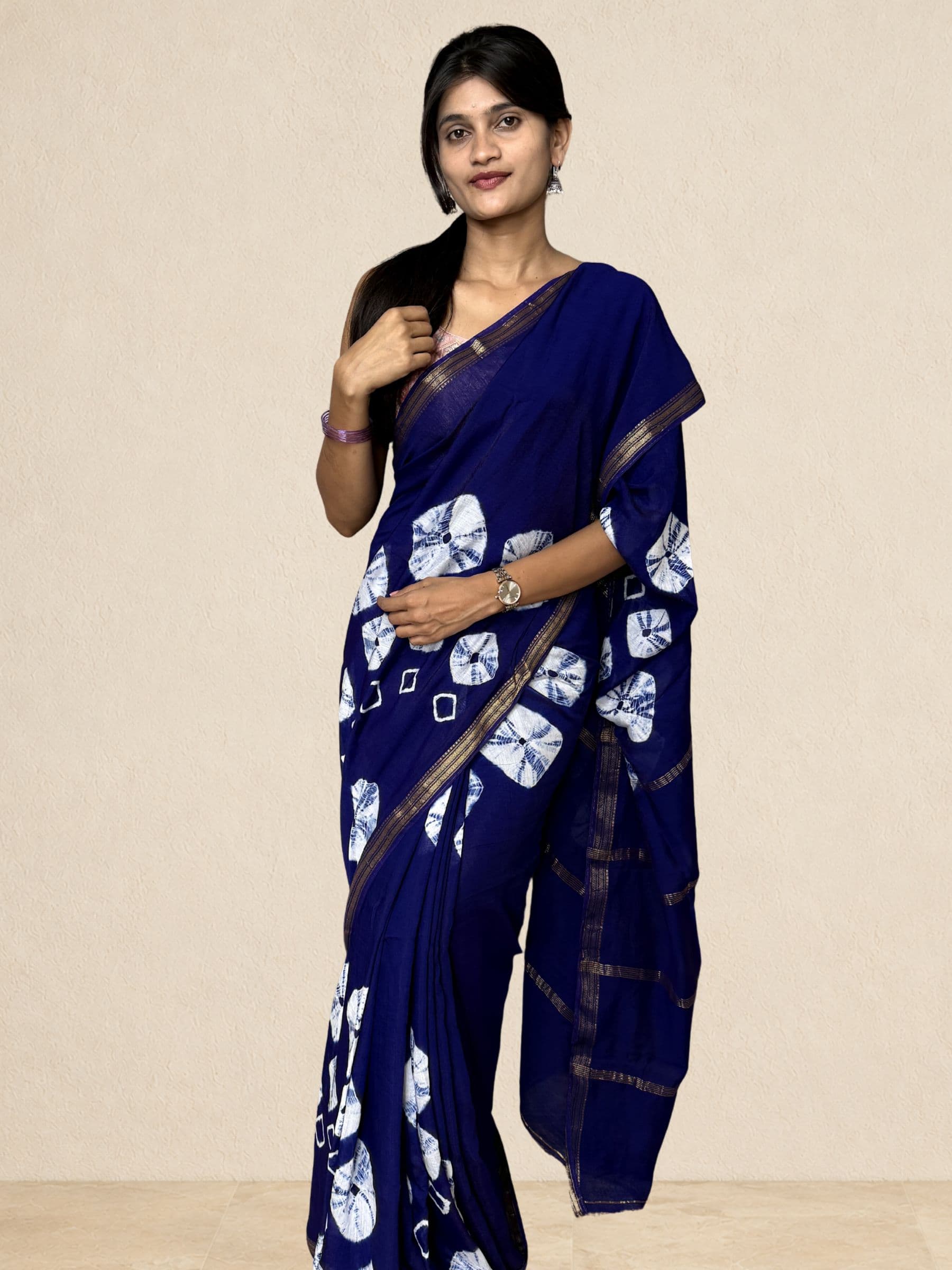 Bandhej Maheshwari Cotton Silk Saree in Royal Blue
