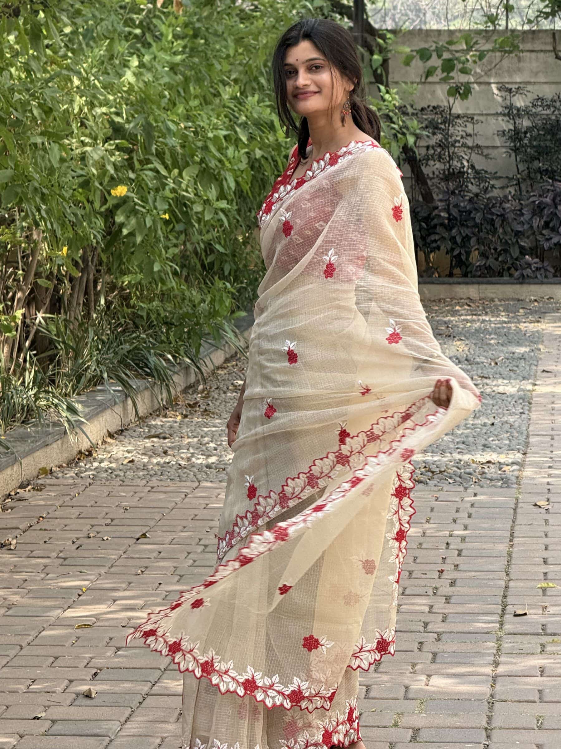 Beige Floral Embroidered Kota Doria Saree