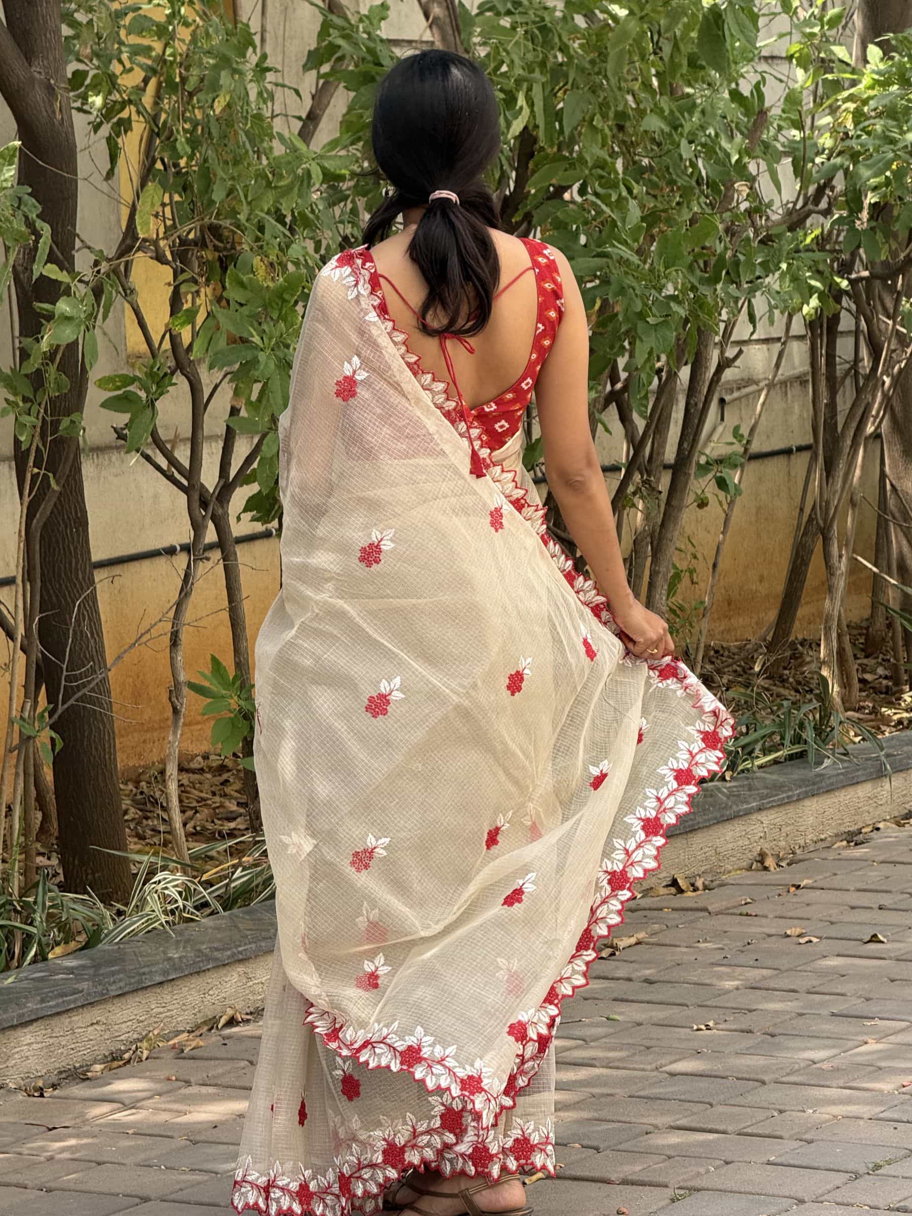 Beige Floral Embroidered Kota Doria Saree