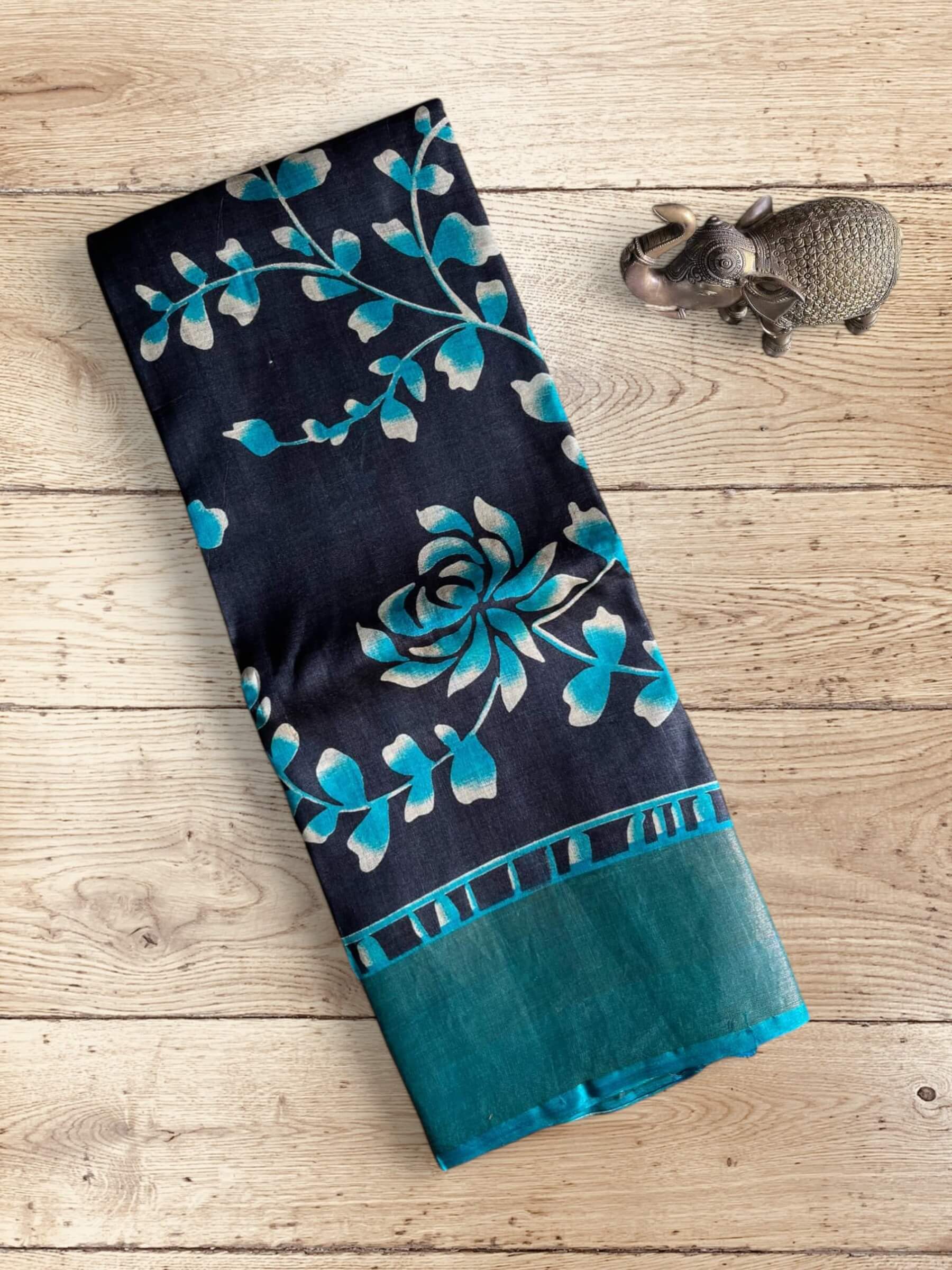 Handloom Pure Tussar Silk Block Printed Saree in Black