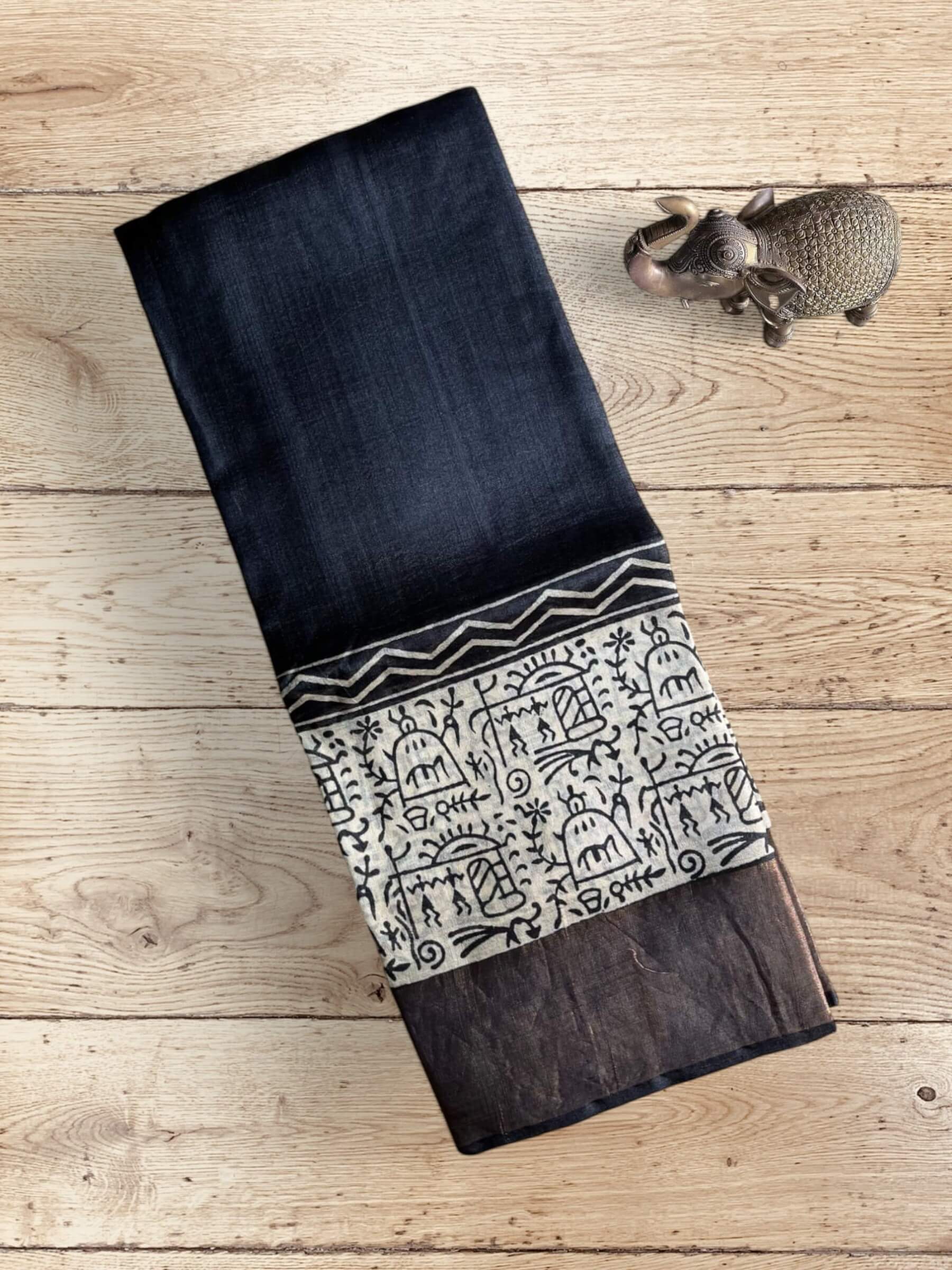 Handloom Pure Tussar Silk Block Printed Saree in Black