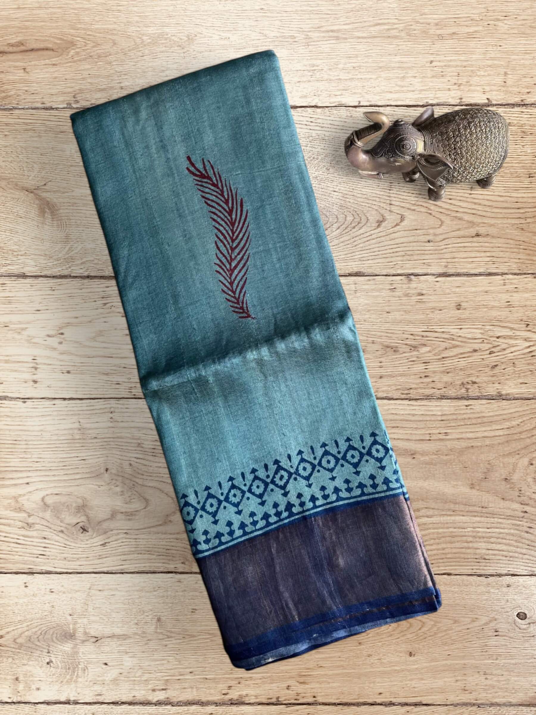 Handloom Pure Tussar Silk Block Printed Saree in Blue