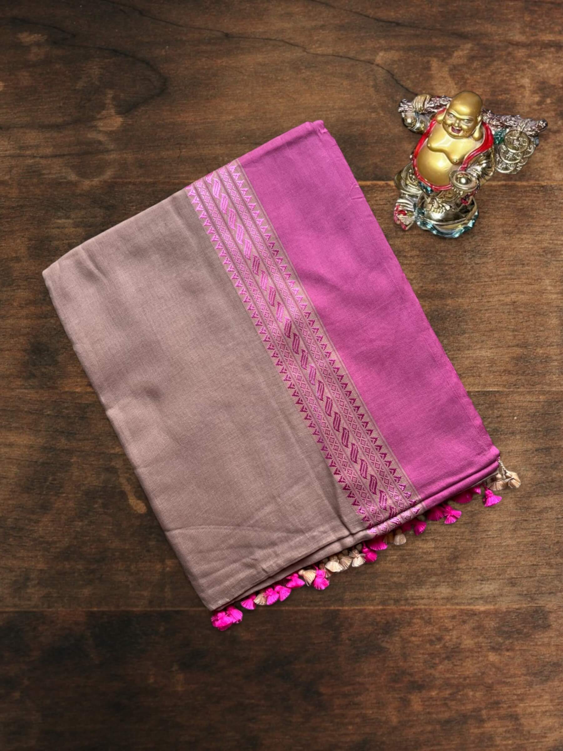 Handloom Soft Cotton Saree in Brown and Pink