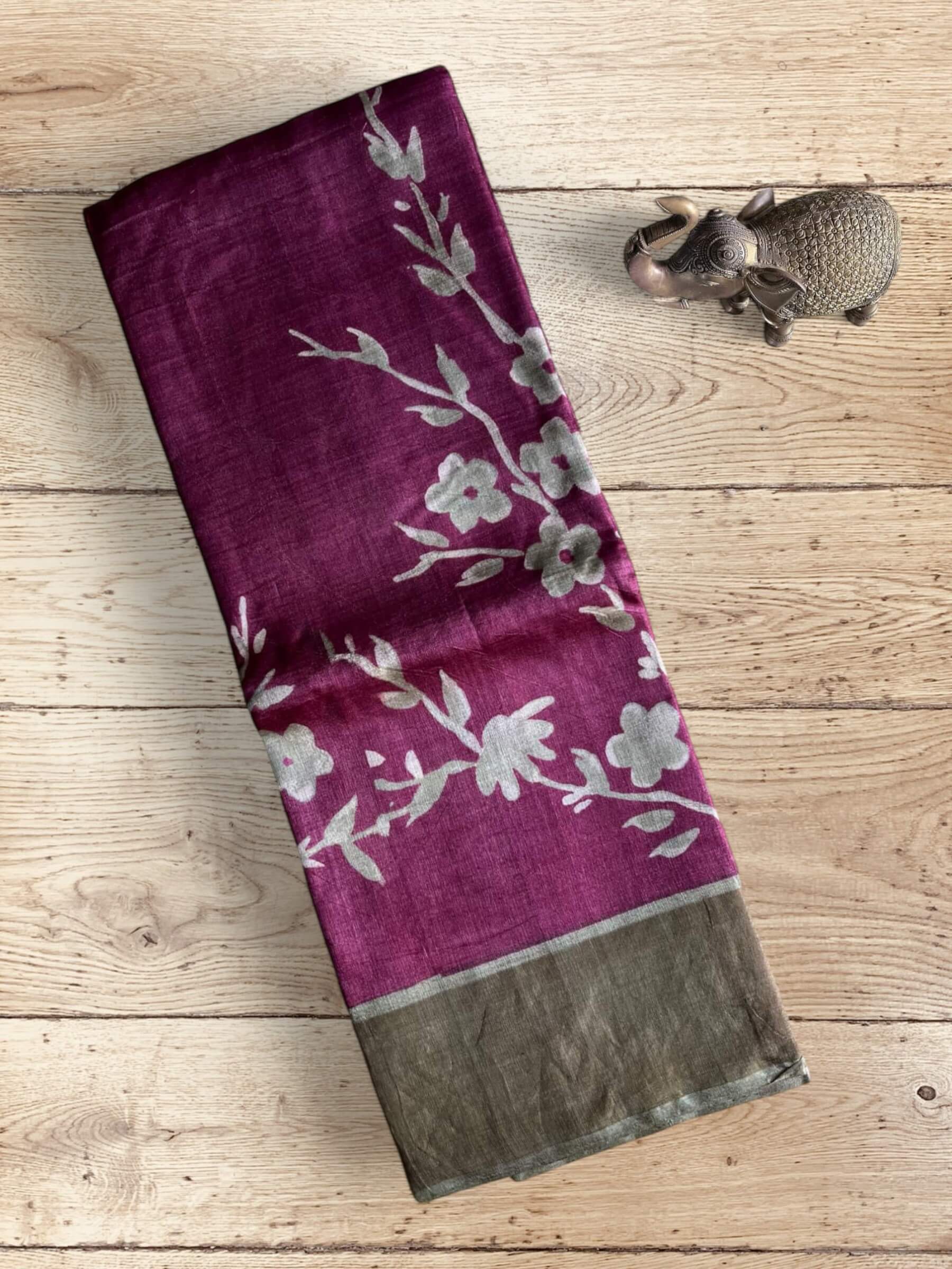 Handloom Pure Tussar Silk Block Printed Saree in Burgundy