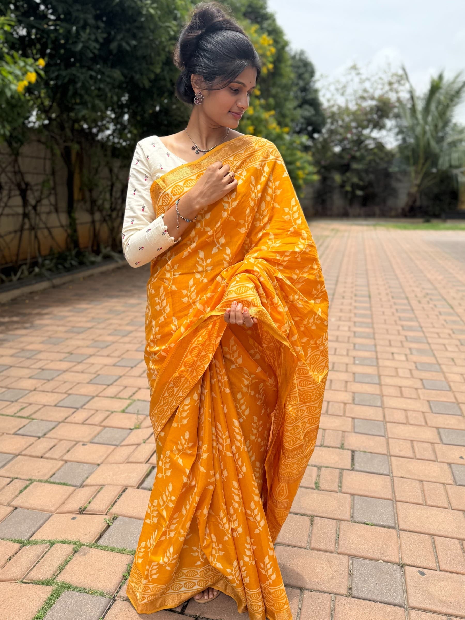 Yellow Dabu Hand Block Printed Banana Silk Saree