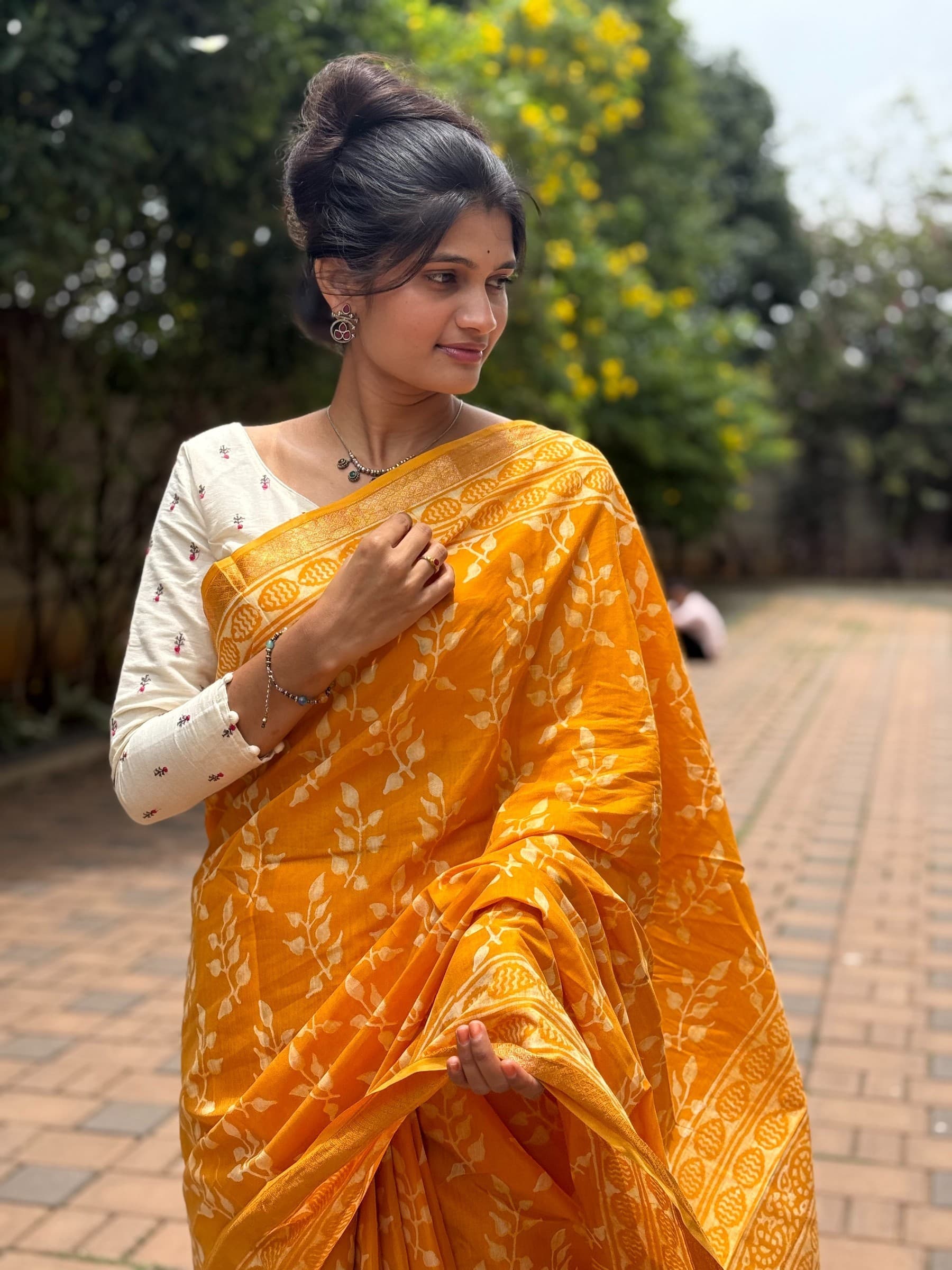 Yellow Dabu Hand Block Printed Banana Silk Saree