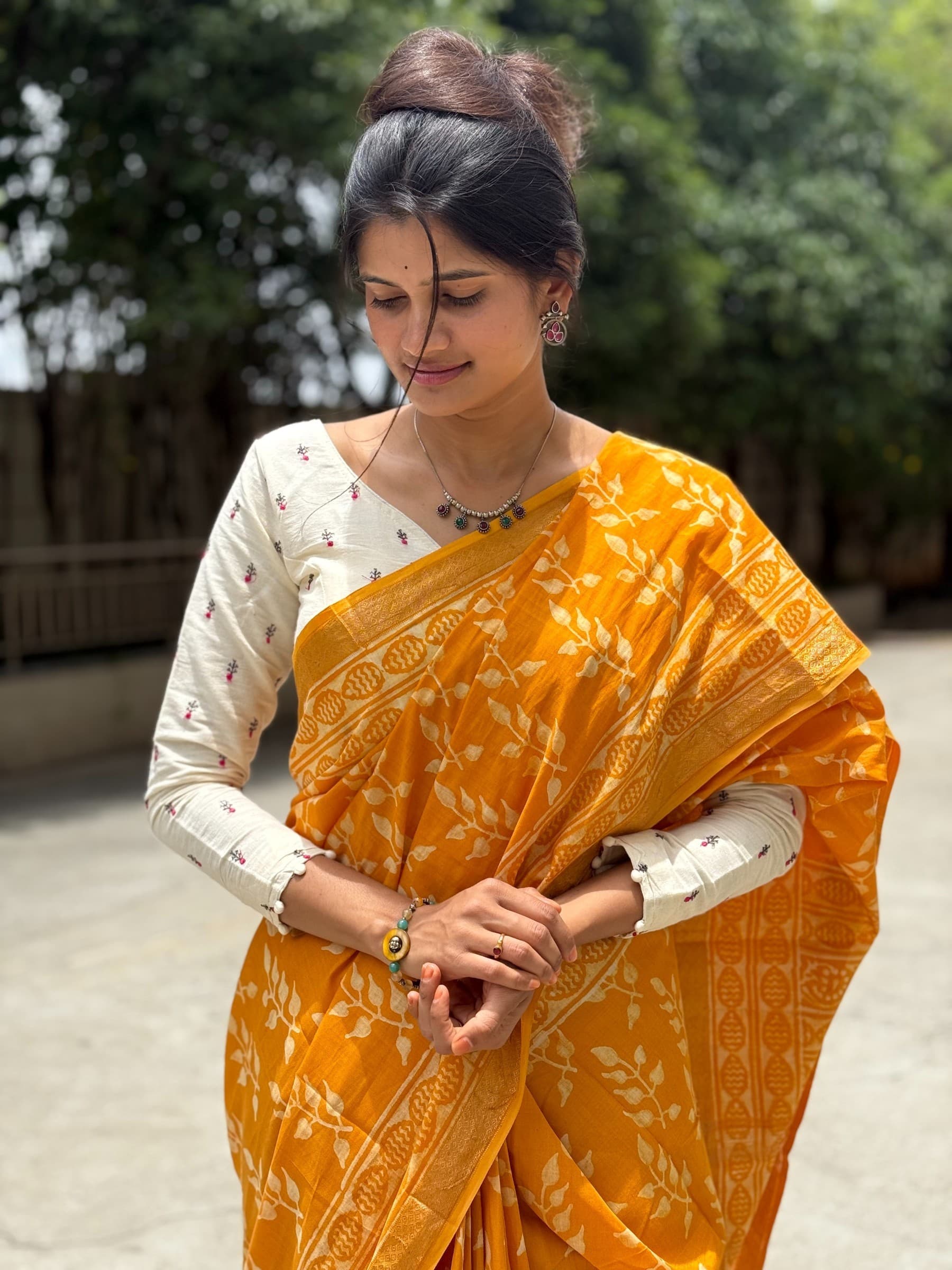 Yellow Dabu Hand Block Printed Banana Silk Saree