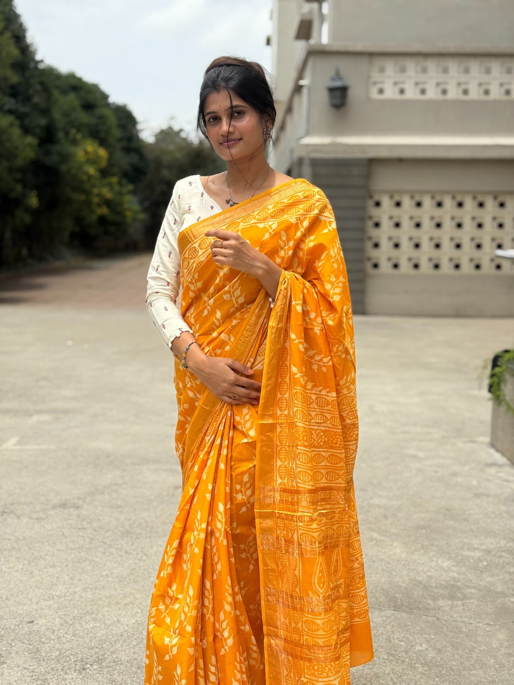 Yellow Dabu Hand Block Printed Banana Silk Saree