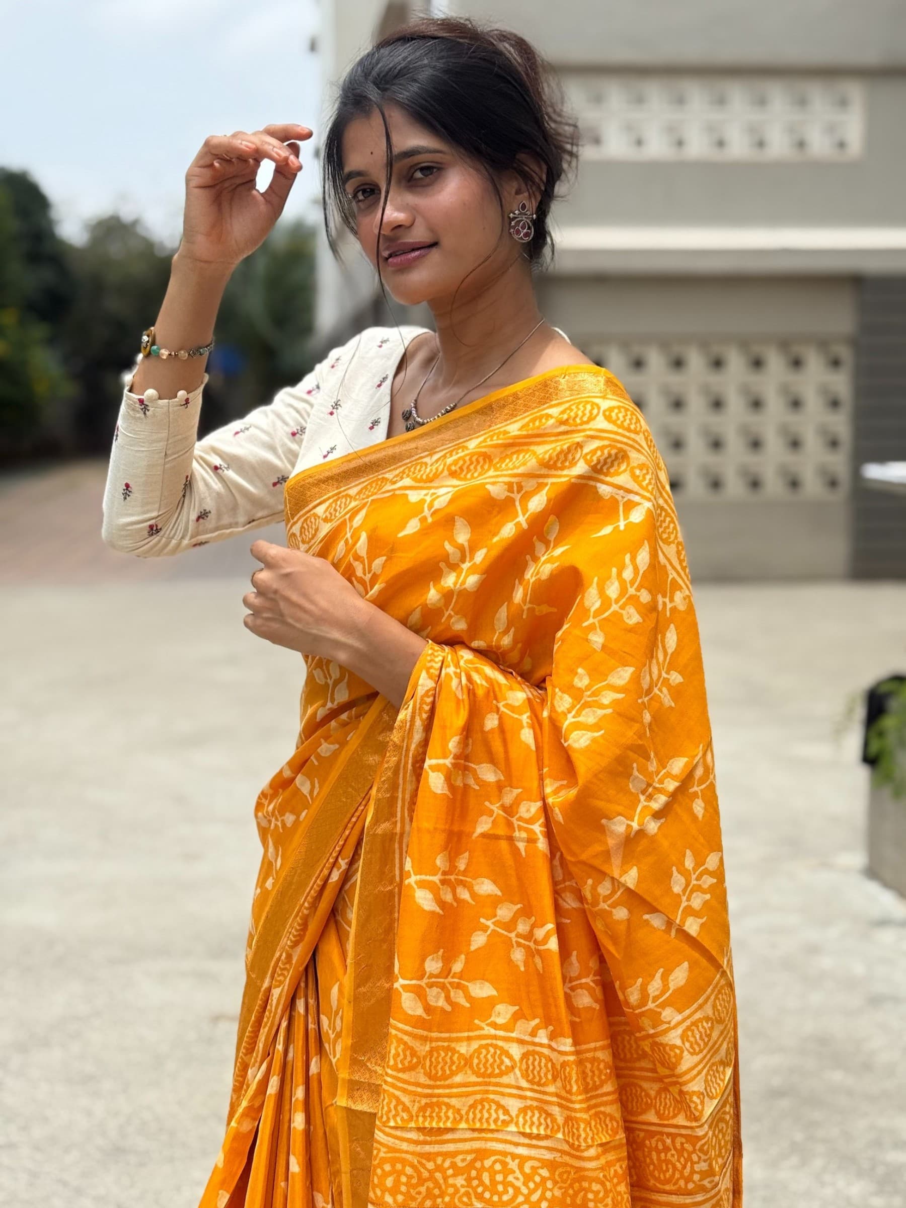 Yellow Dabu Hand Block Printed Banana Silk Saree