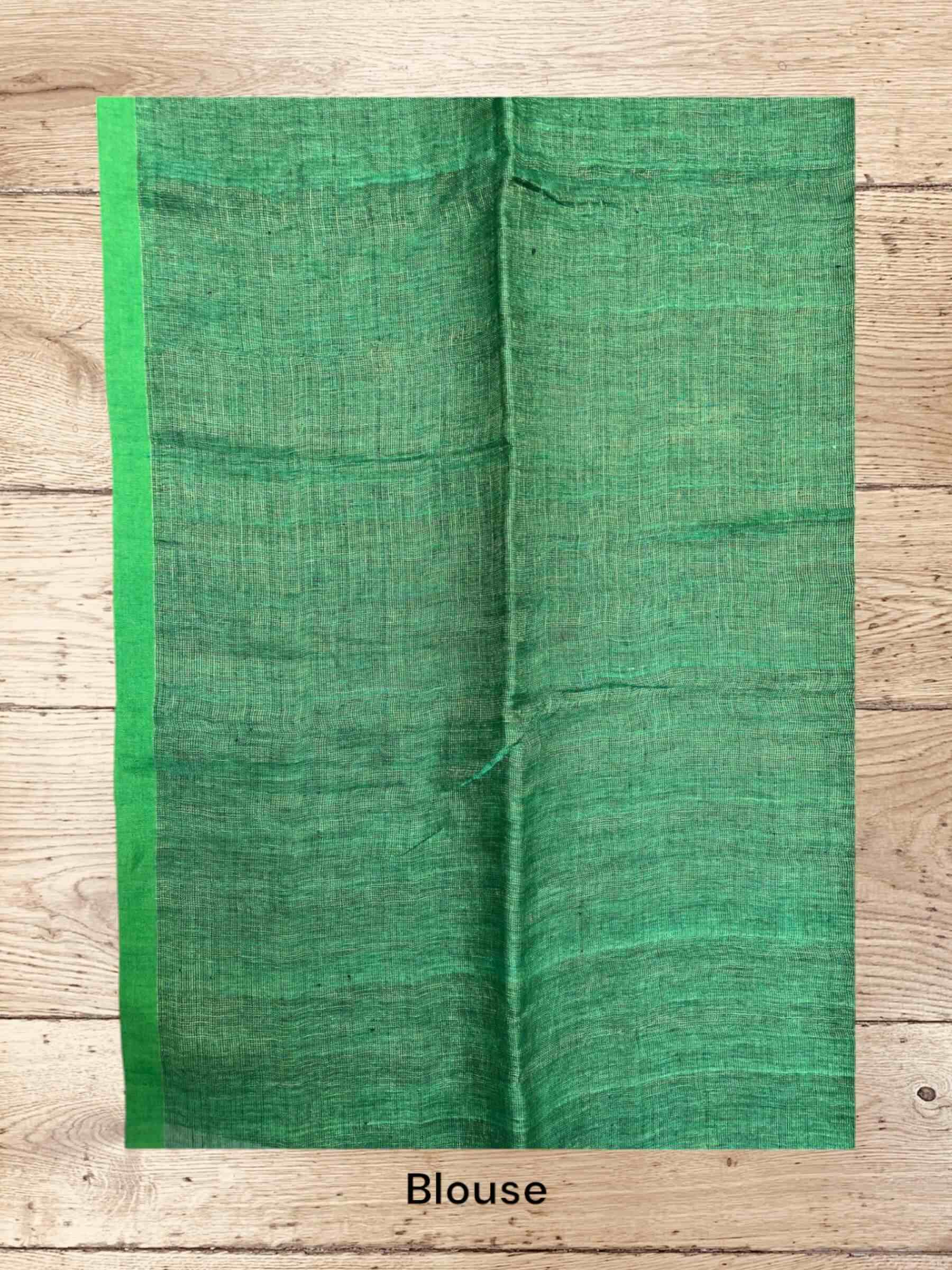 Handloom Tissue Linen Saree in Dark Green