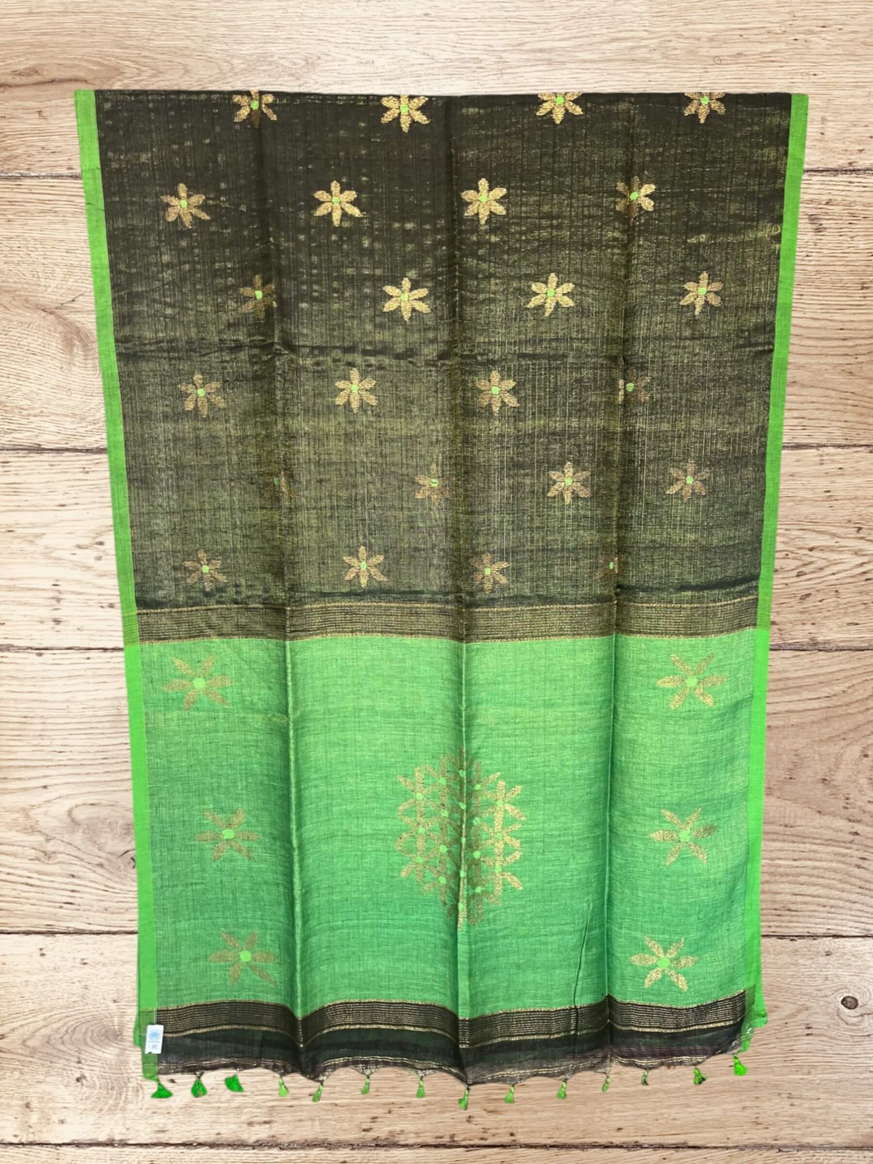 Handloom Tissue Linen Saree in Dark Green