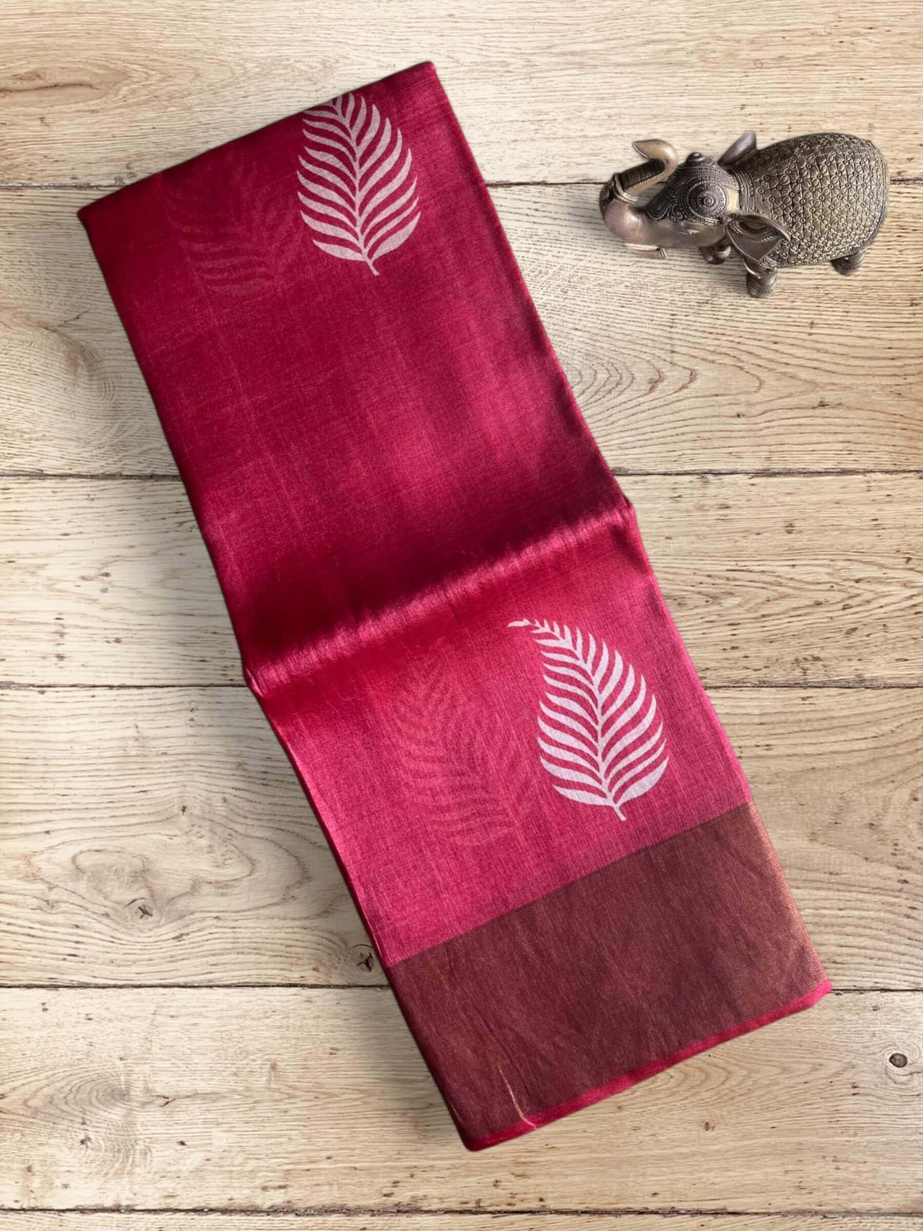 Handloom Pure Tussar Silk Block Printed Saree in Dark Pink