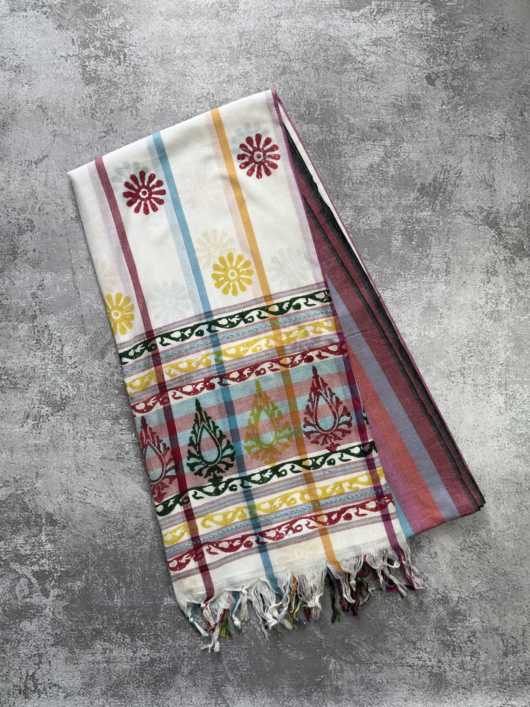 Handloom Dhonekhali saree with block printed floral motifs