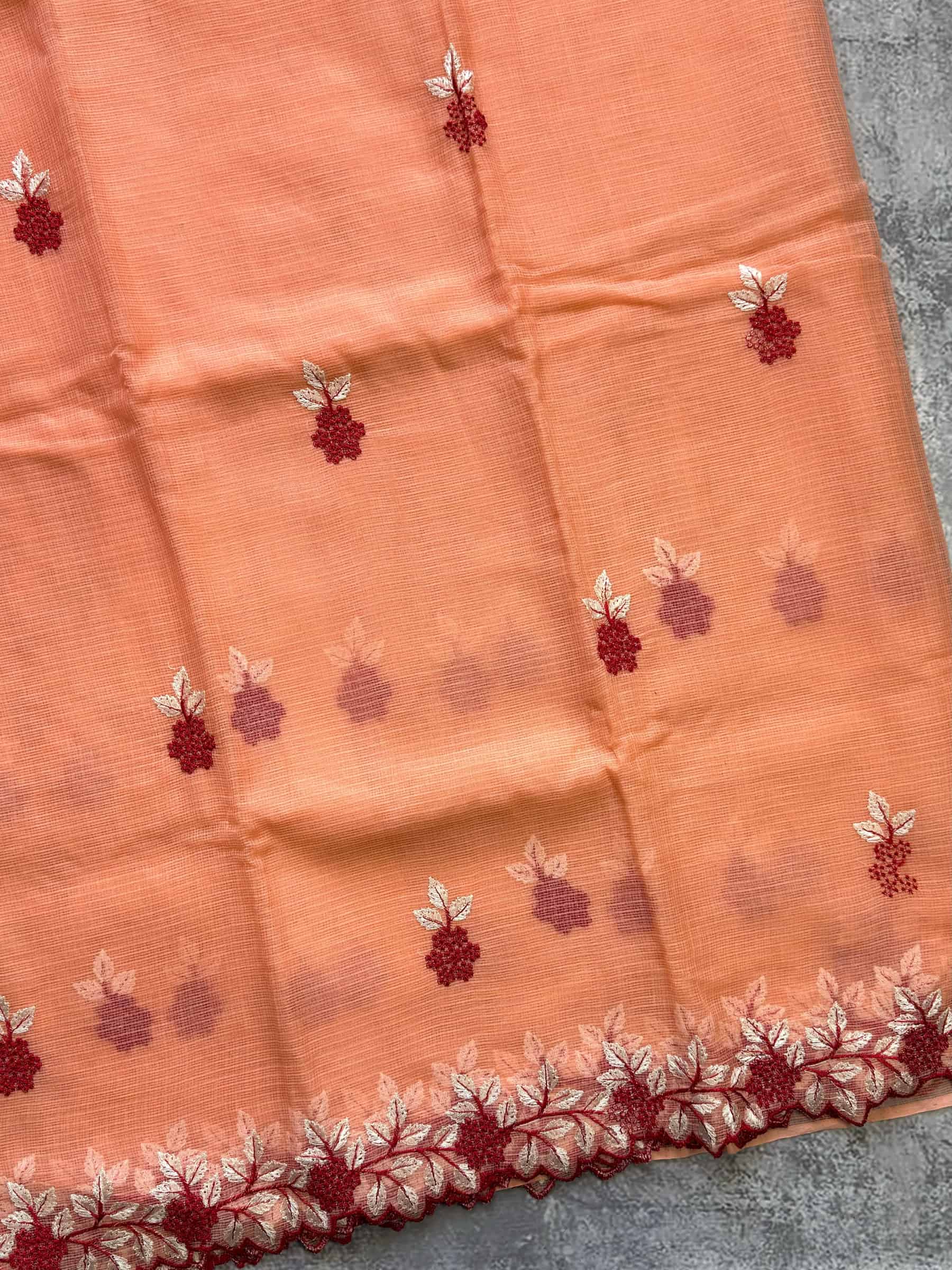 Peach Kota Doria Embroidered Saree with Floral Border