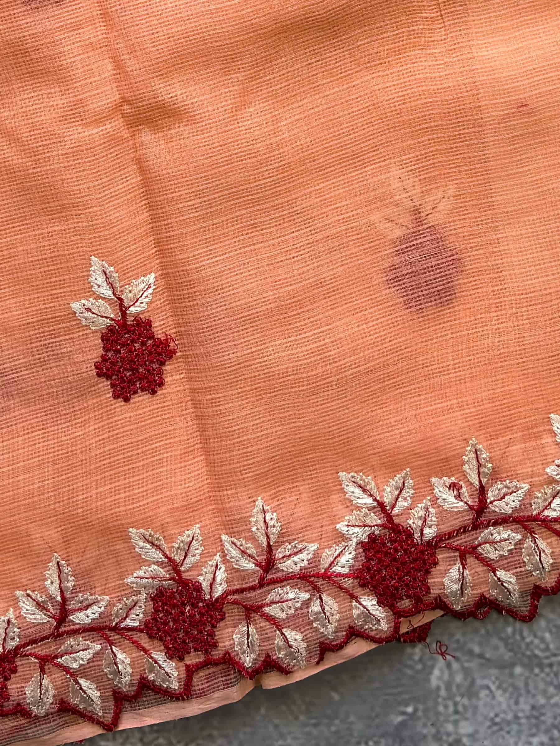 Peach Kota Doria Embroidered Saree with Floral Border