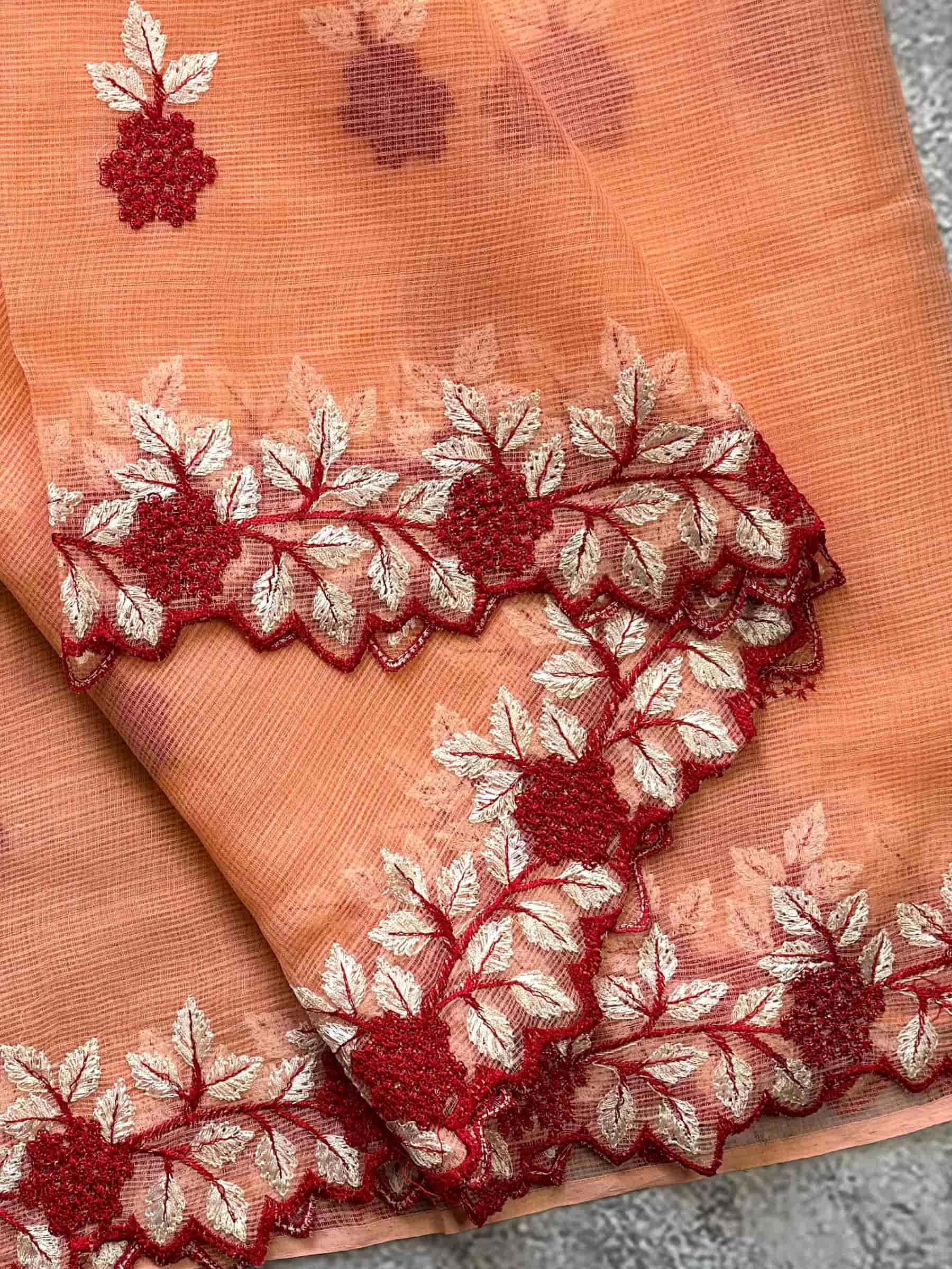 Peach Kota Doria Embroidered Saree with Floral Border