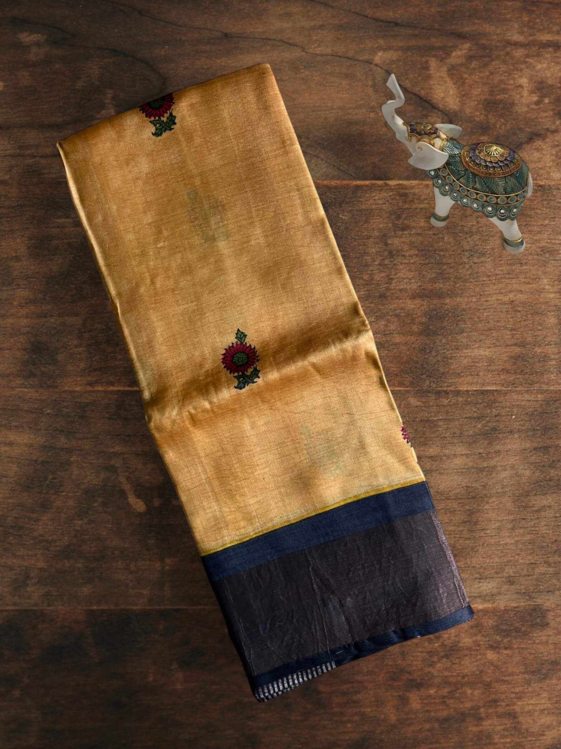 Handloom Pure Tussar Silk Block Printed Saree in Golden