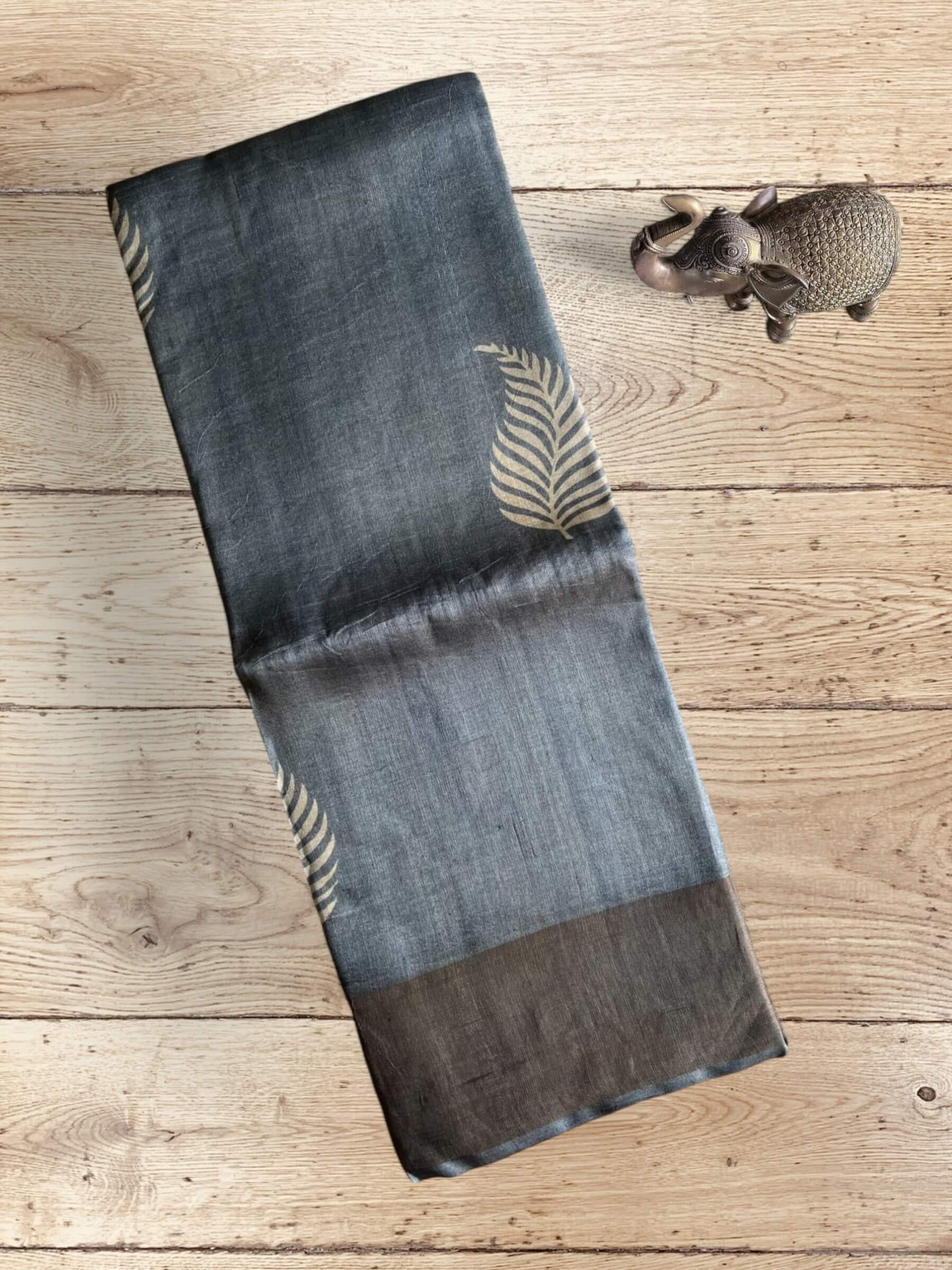 Handloom Pure Tussar Silk Block Printed Saree in Grey