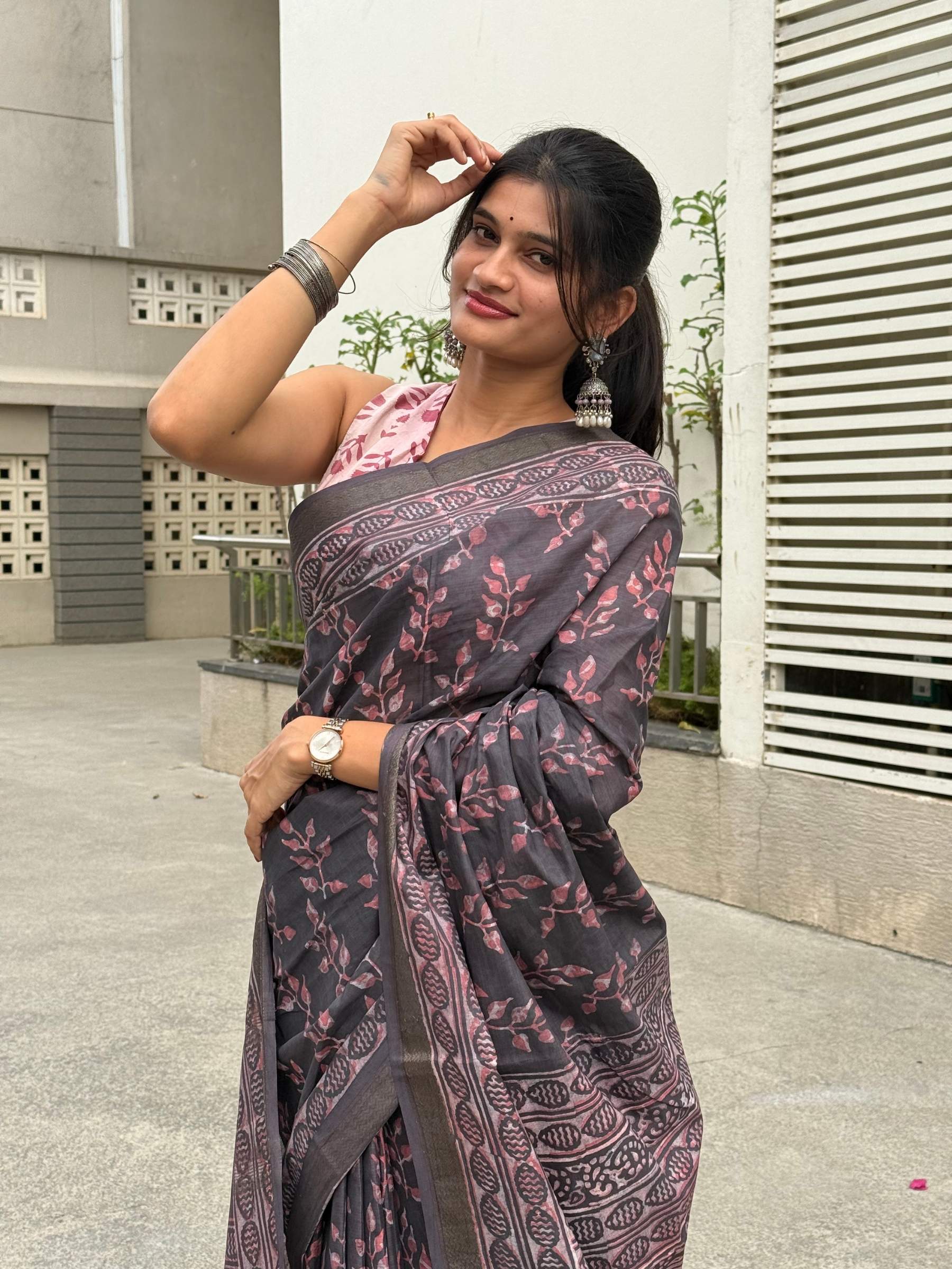 Shadow Purple Dabu Hand Block Printed Banana Silk Saree