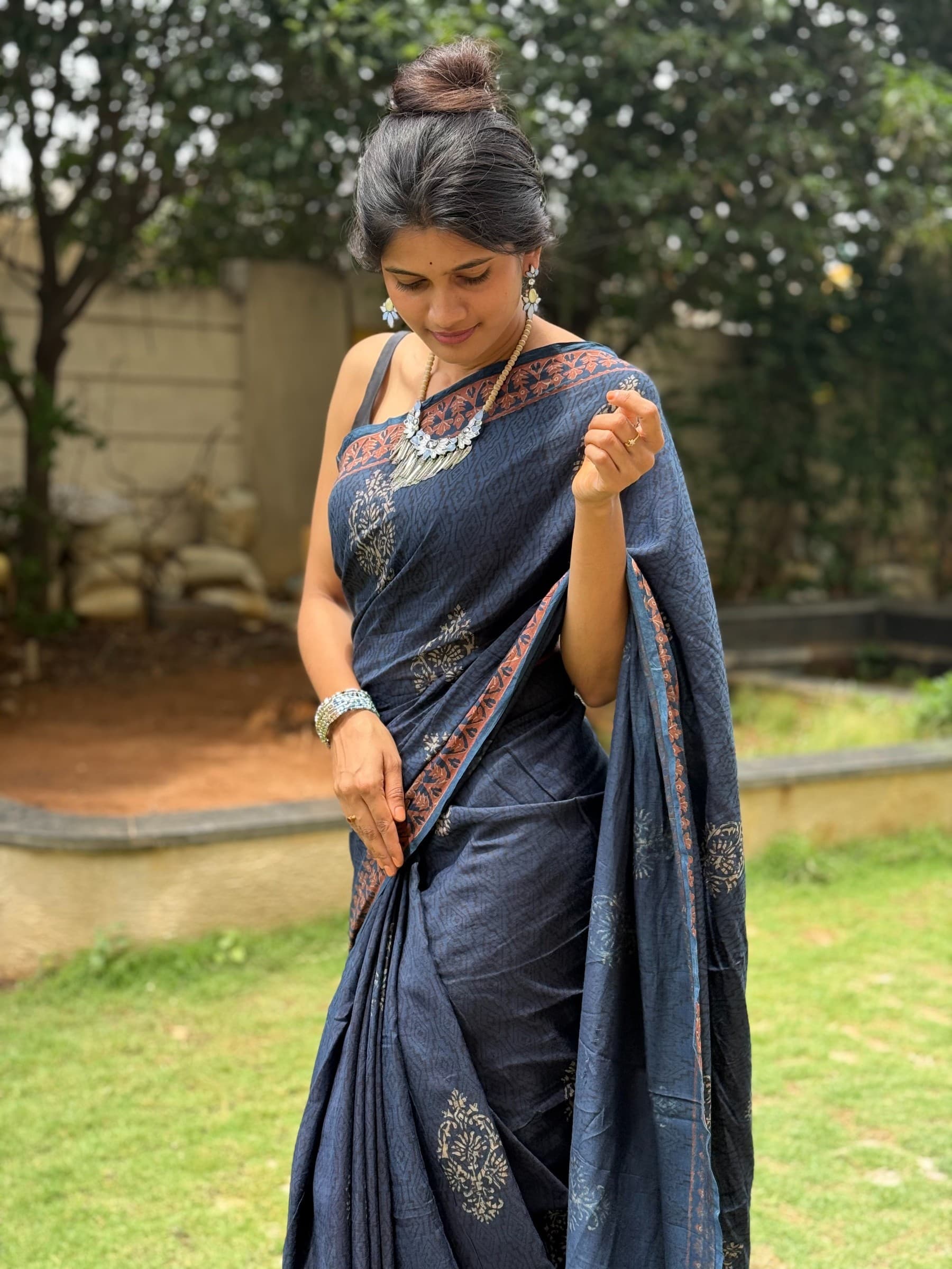 Royal Blue Indigo Hand Block Printed Banana Silk Cotton Saree