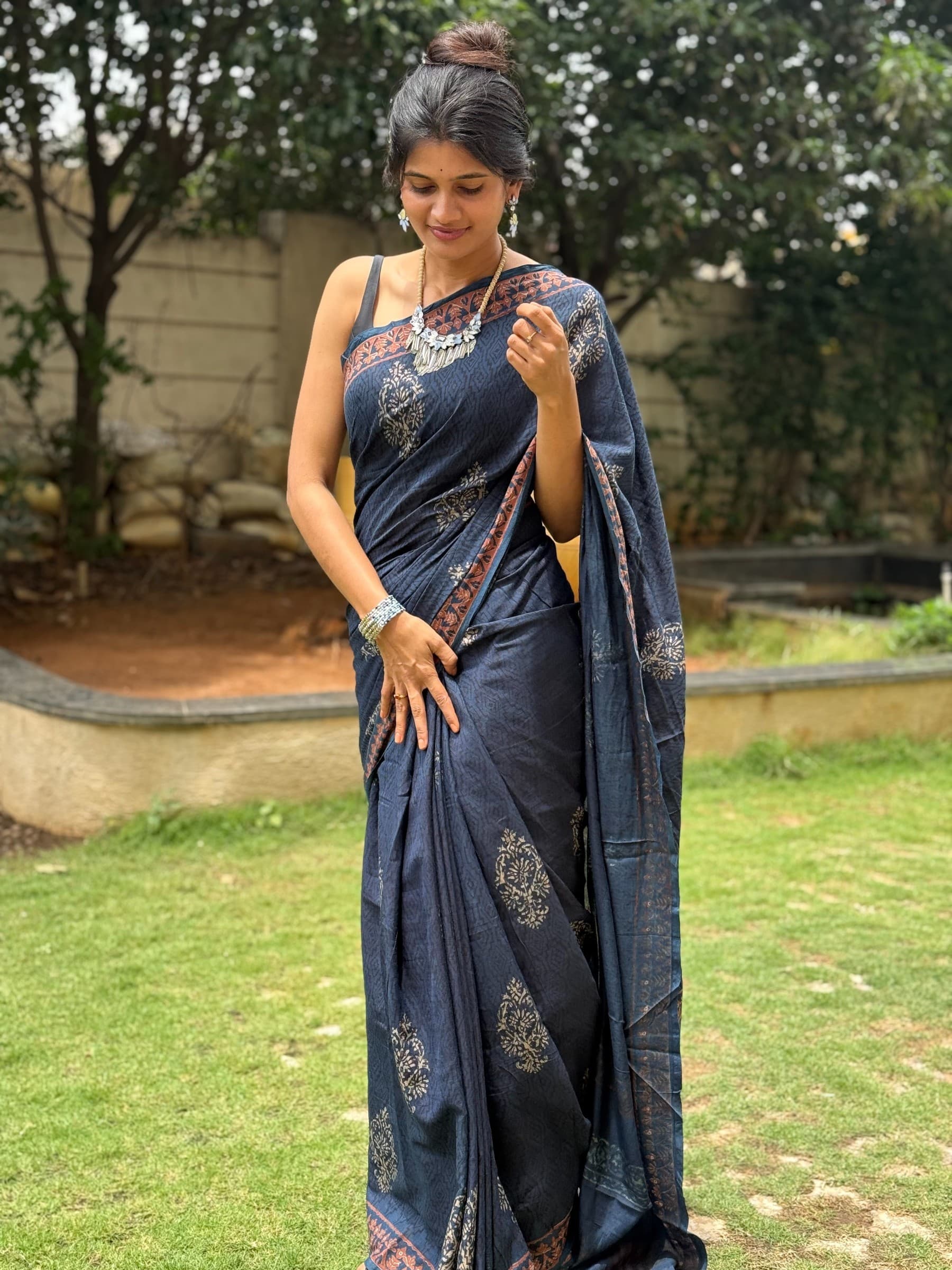 Royal Blue Indigo Hand Block Printed Banana Silk Cotton Saree