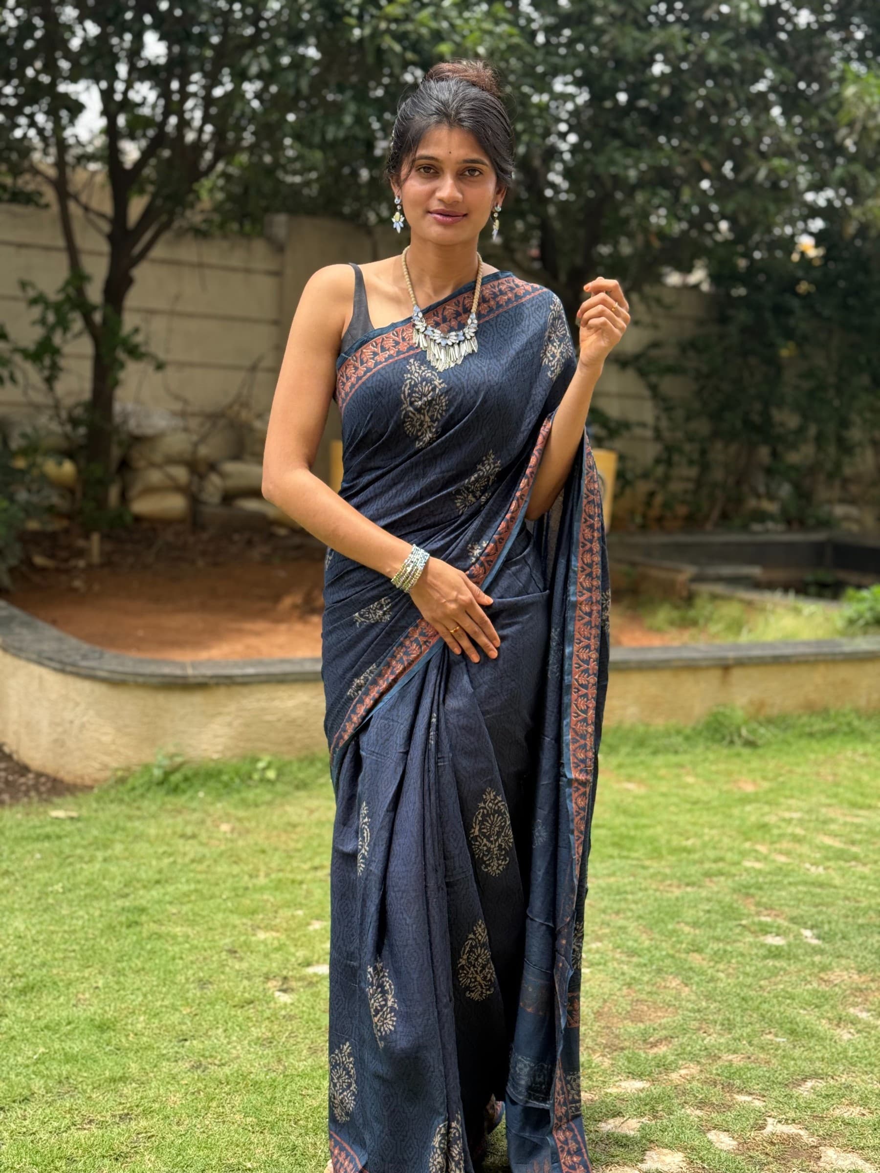 Royal Blue Indigo Hand Block Printed Banana Silk Cotton Saree