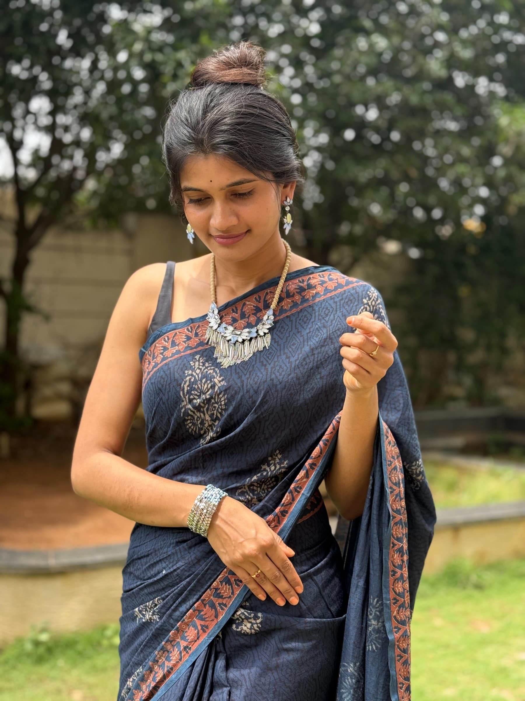 Royal Blue Indigo Hand Block Printed Banana Silk Cotton Saree