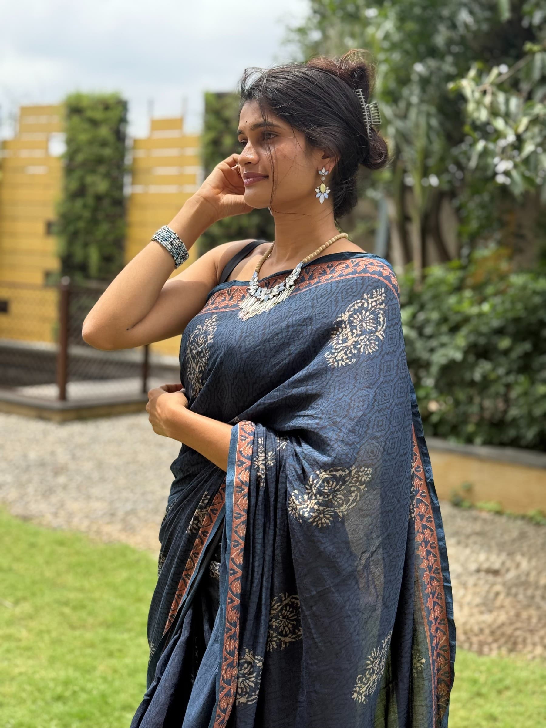 Royal Blue Indigo Hand Block Printed Banana Silk Cotton Saree