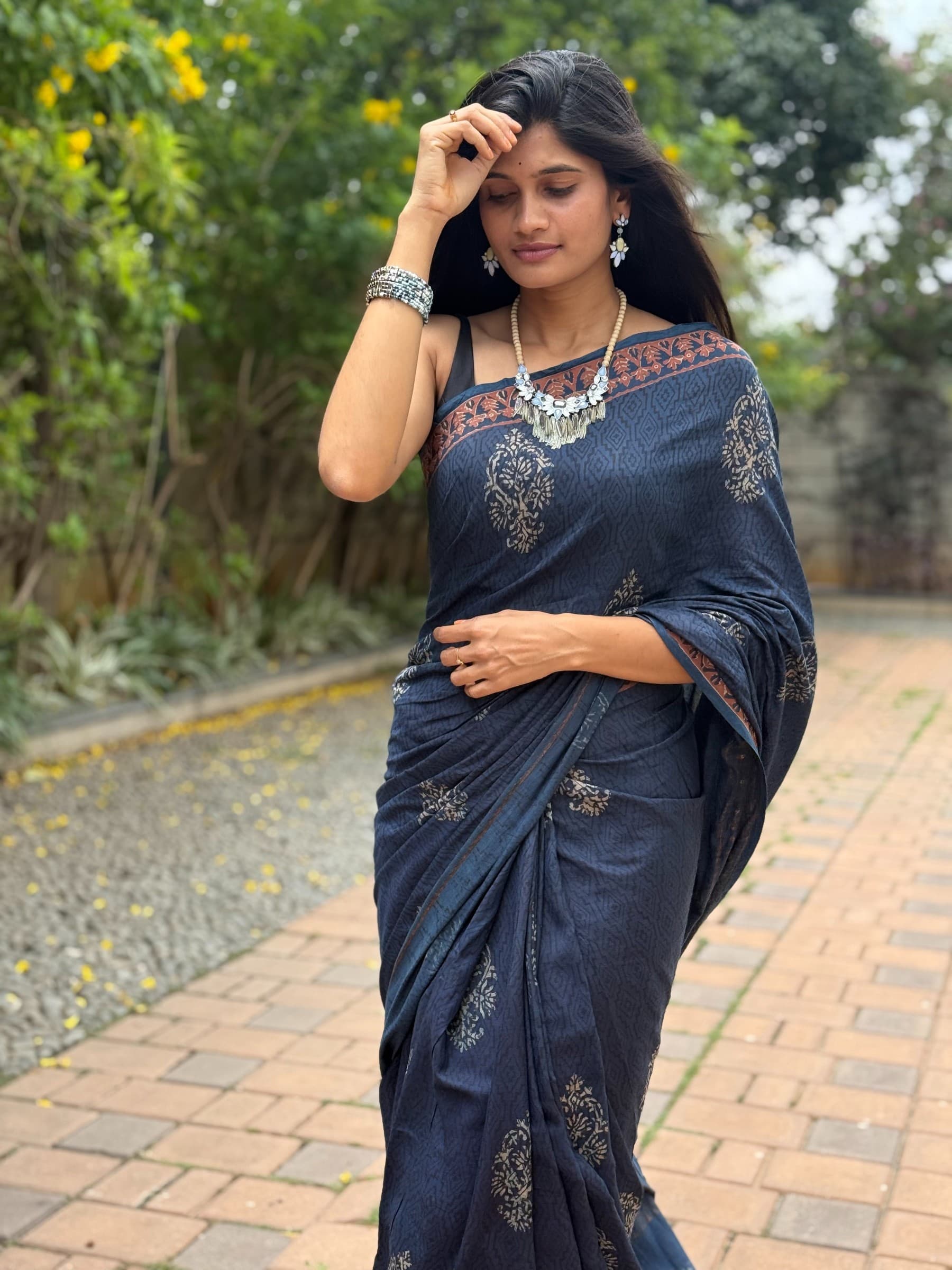 Royal Blue Indigo Hand Block Printed Banana Silk Cotton Saree