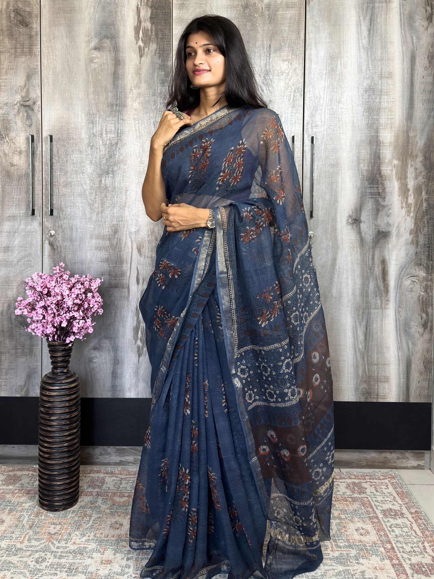 Indigo Jahota block printed Kota Doria saree with floral motifs