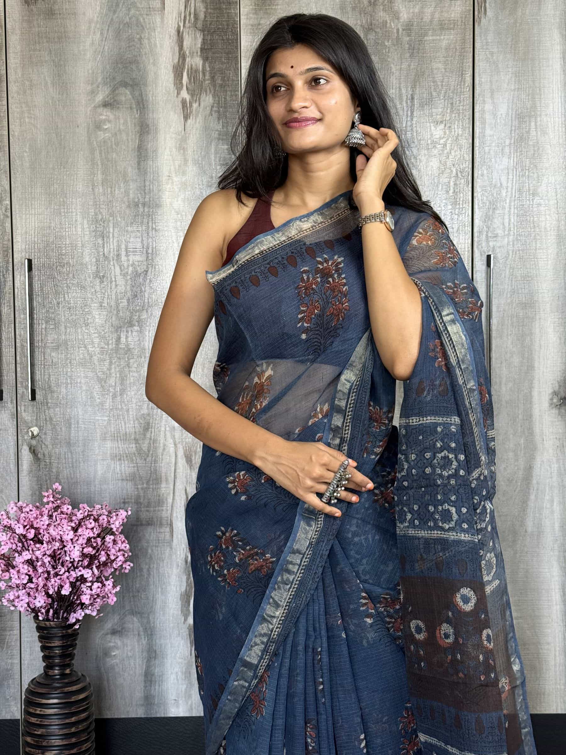 Hand Block Printed Jahota Kota Doria Saree in Indigo