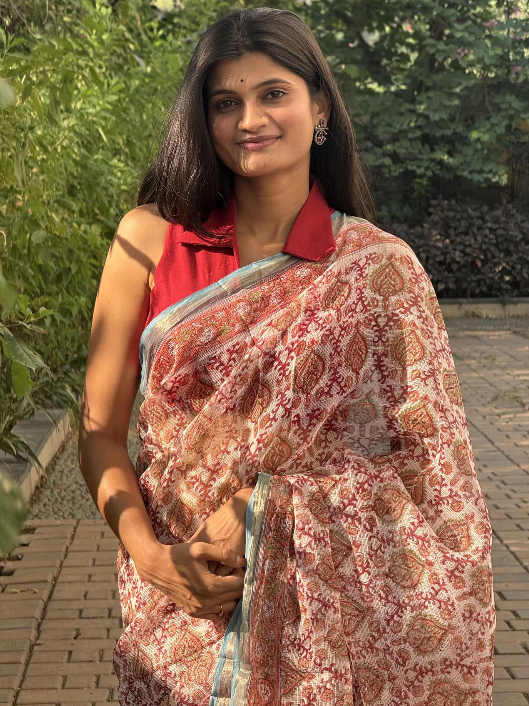 Hand Block Printed Sanganeri Kota Doria Saree in Ivory & Red
