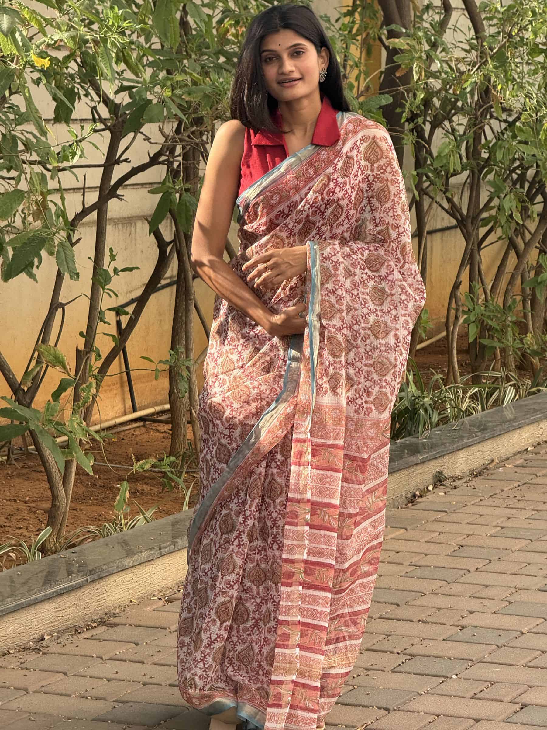 Hand Block Printed Sanganeri Kota Doria Saree in Ivory & Red