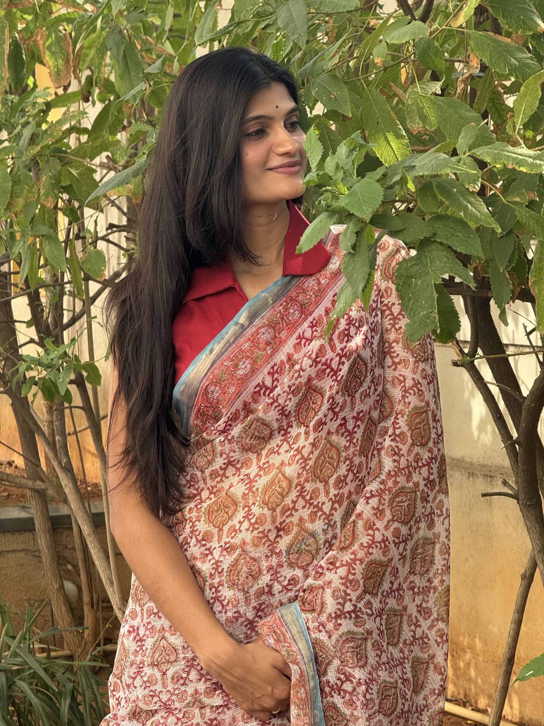 Hand Block Printed Sanganeri Kota Doria Saree in Ivory & Red