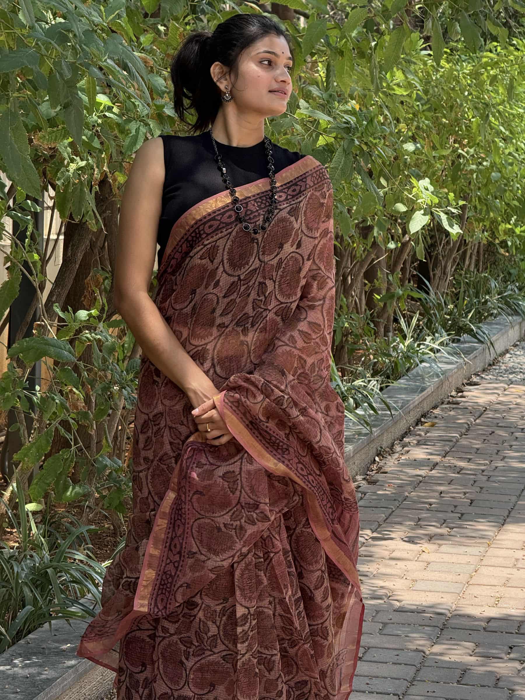 Brown Sanganeri print Kota Doria saree with floral design