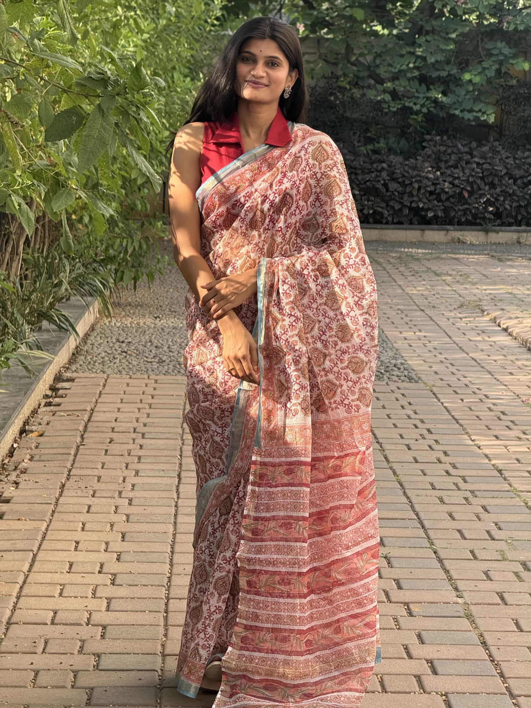 Red floral Vanaspati print Kota Doria saree with detailed pallu