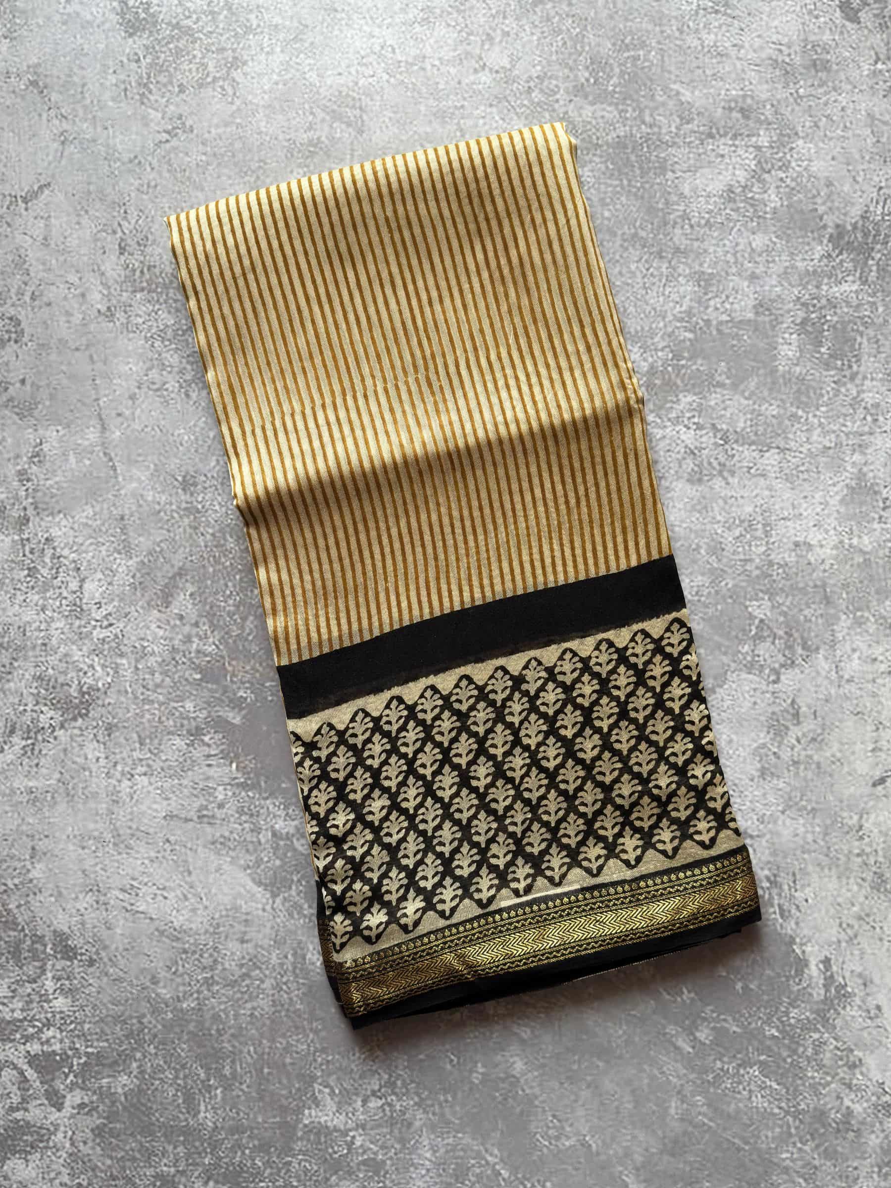 Black and mustard hand block printed Maheshwari silk cotton saree