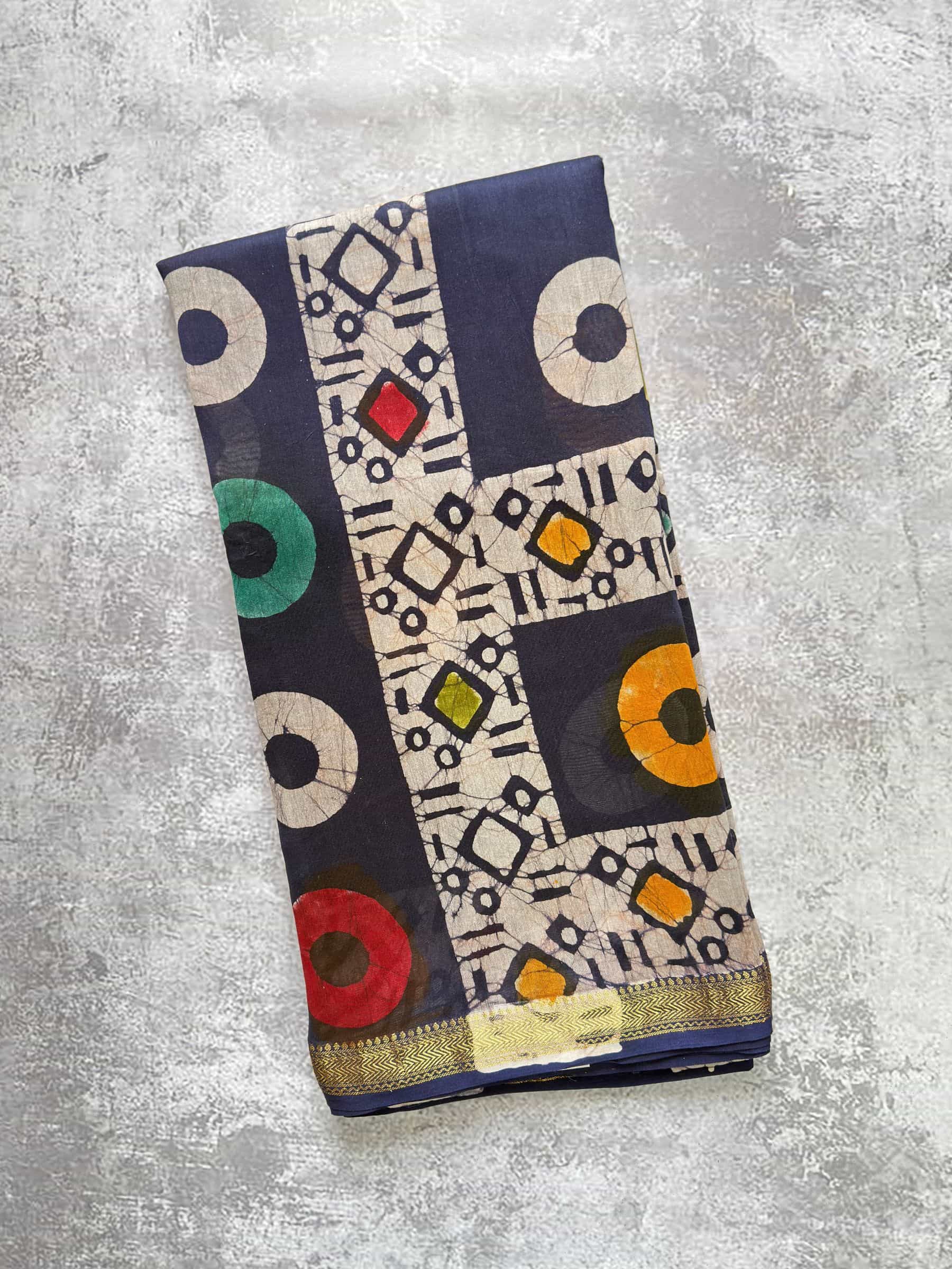 Hand Block Printed Maheshwari Silk Cotton Saree in Dark Blue