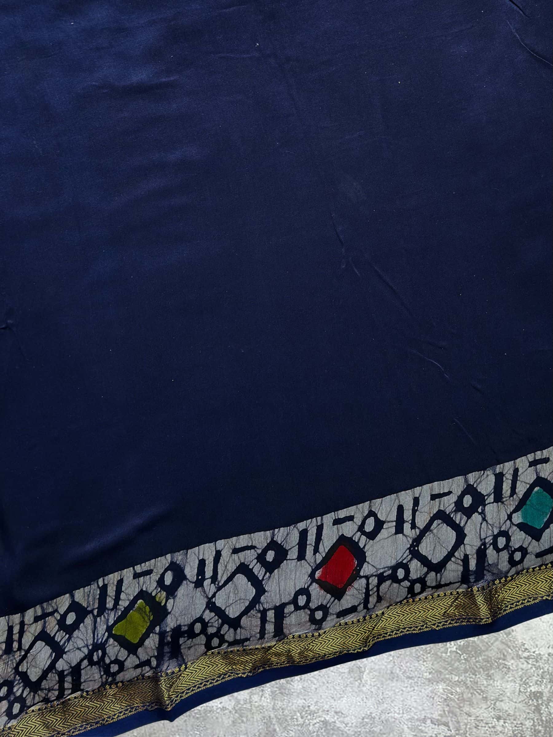 Maheshwari Block Print Cotton Silk Saree in Dark Blue