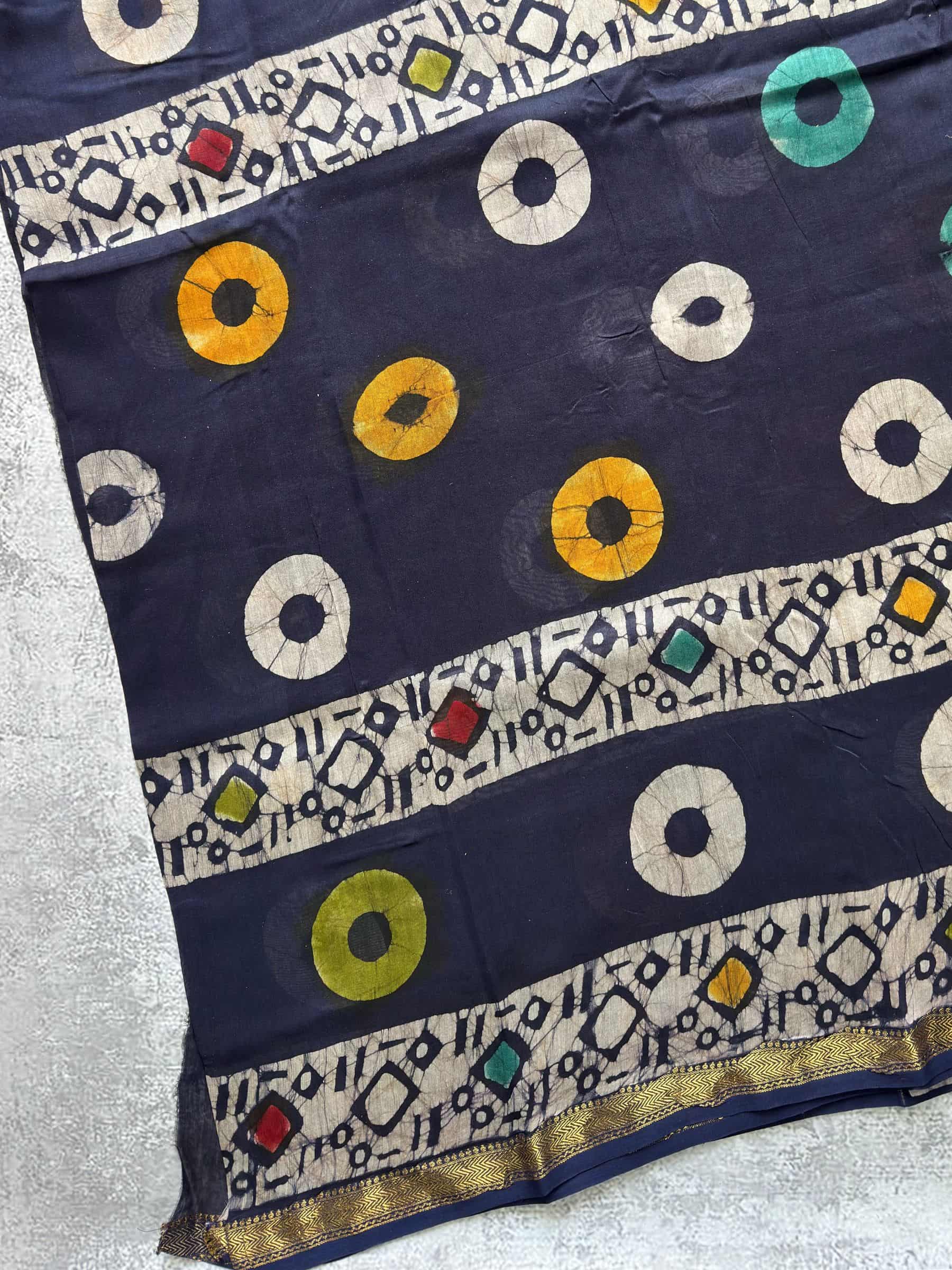 Maheshwari Block Print Silk Cotton Saree in Dark Blue