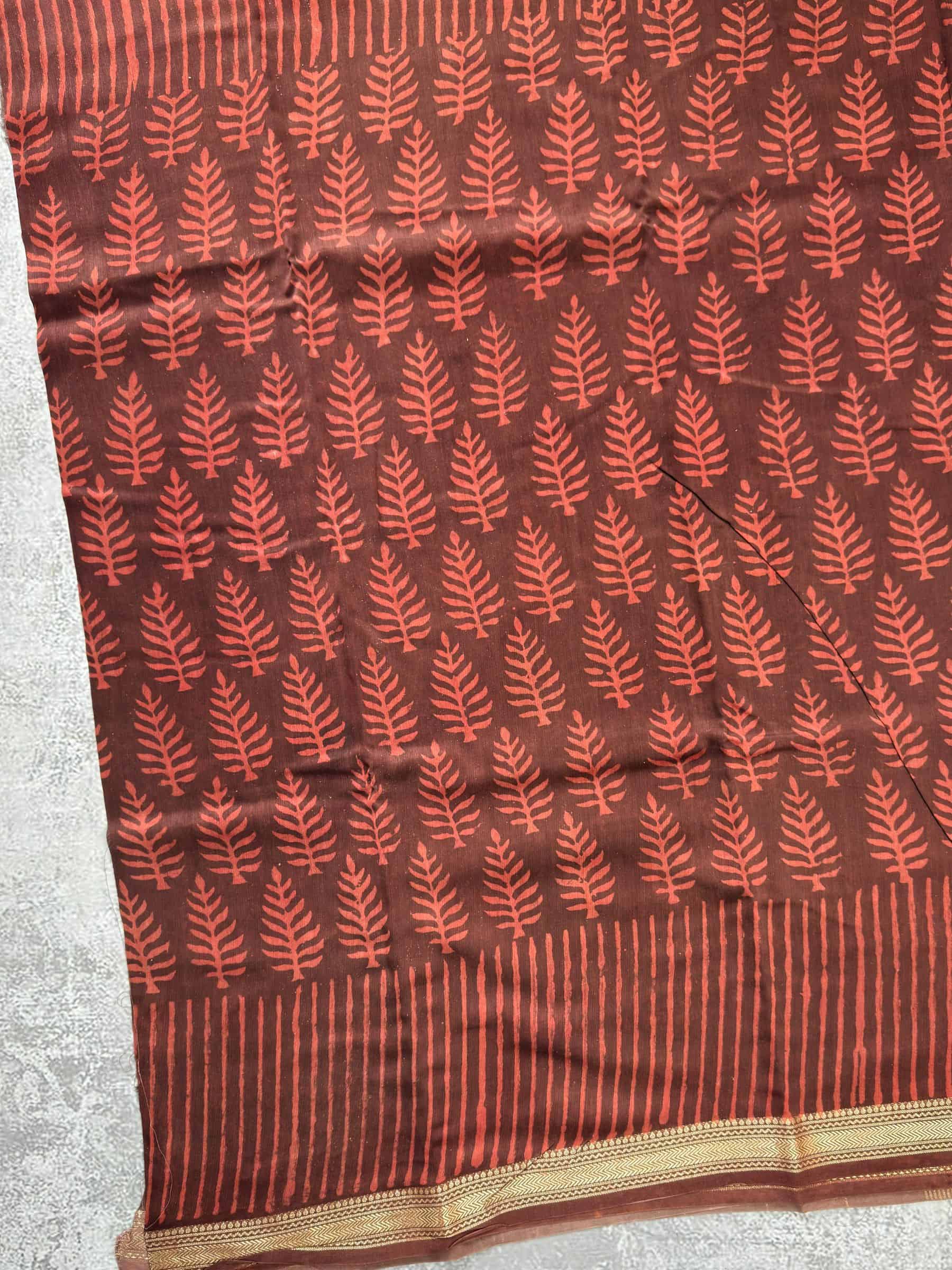 Hand Block Printed Maheshwari Silk Cotton Saree in Rust Brown