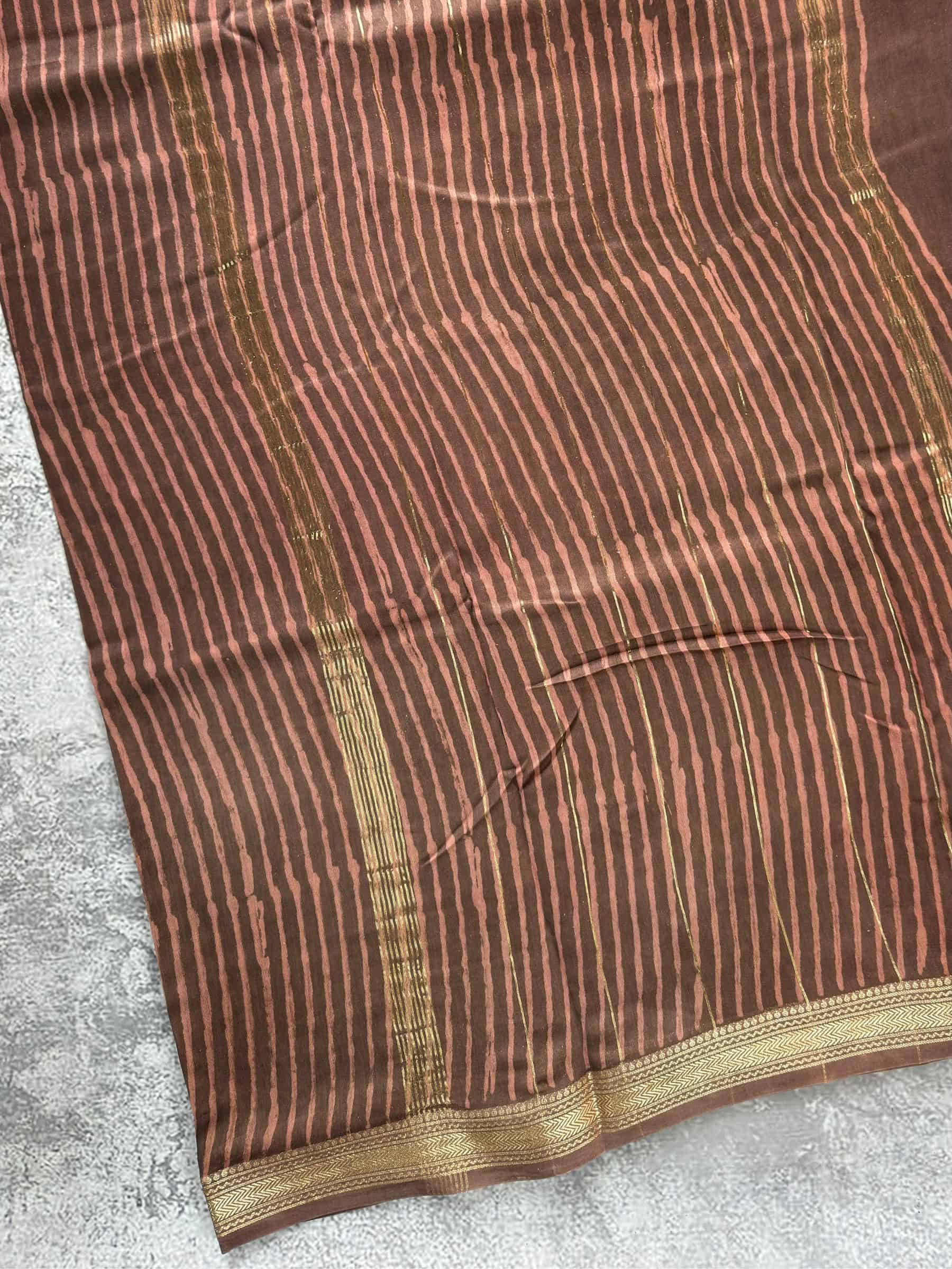 Hand Block Printed Maheshwari Cotton Silk Saree in Rust Brown