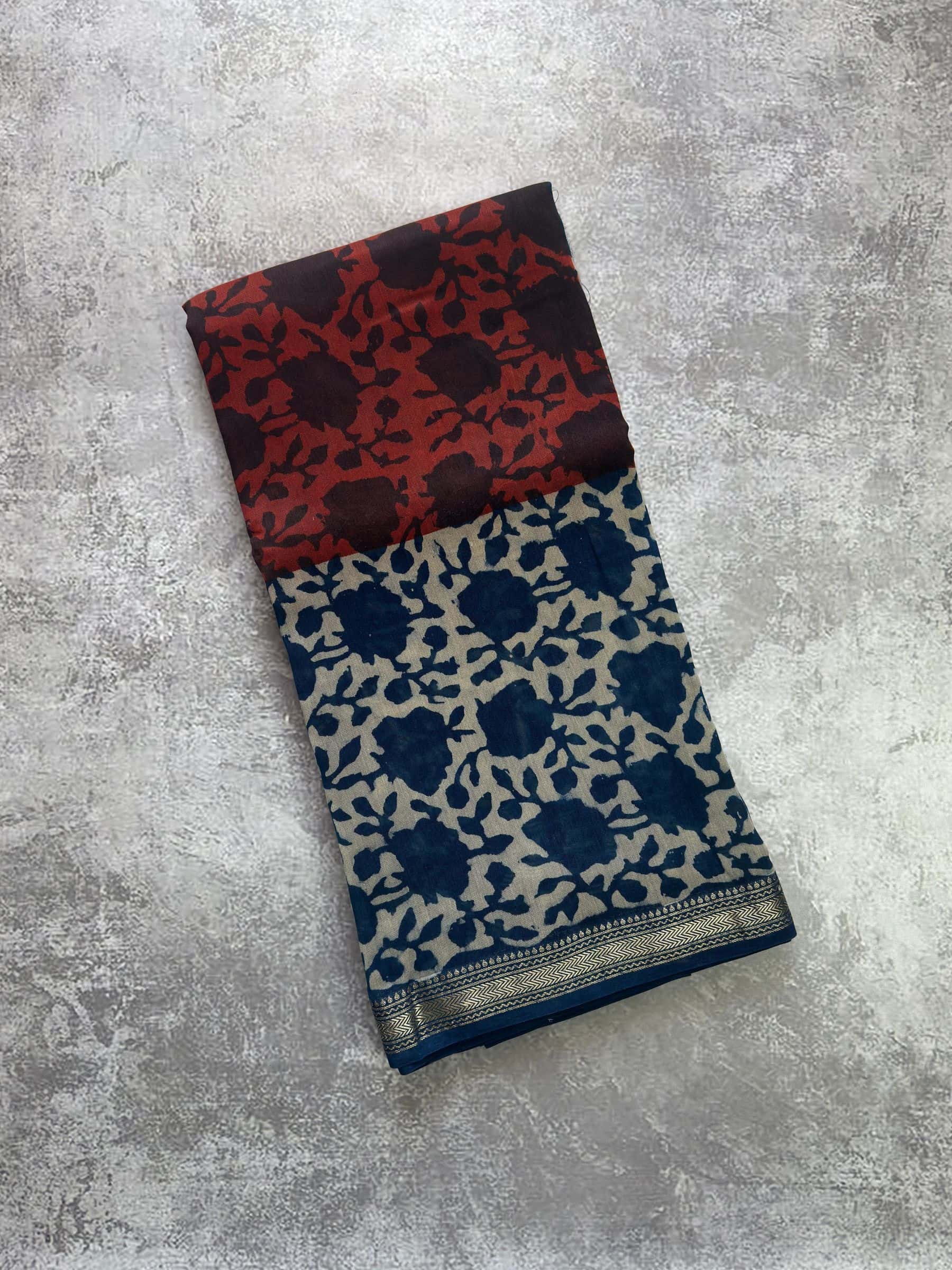 Rust red and indigo hand block printed Maheshwari silk cotton saree