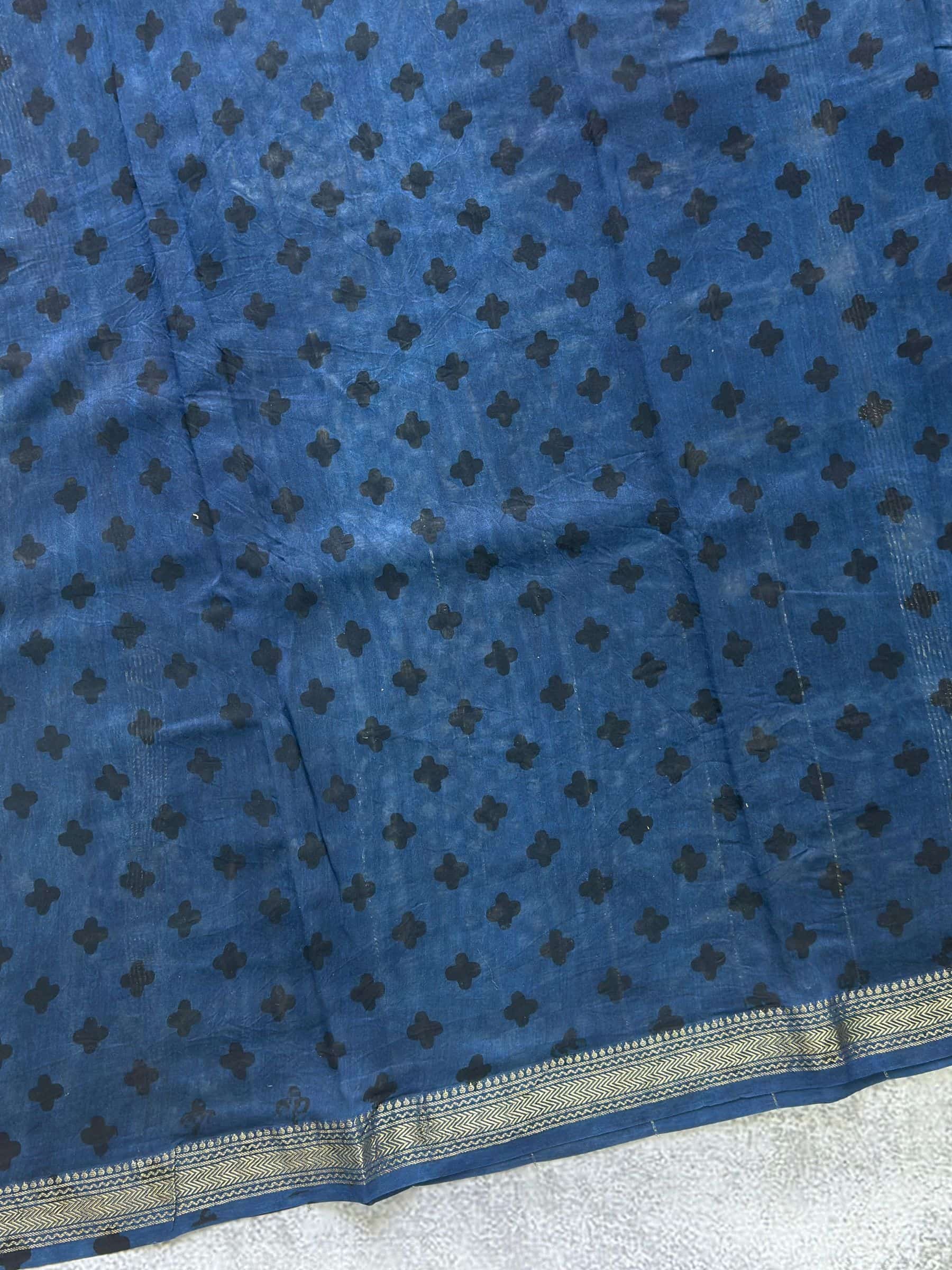 Hand Block Printed Maheshwari Cotton Silk Saree in Rust Red and Indigo
