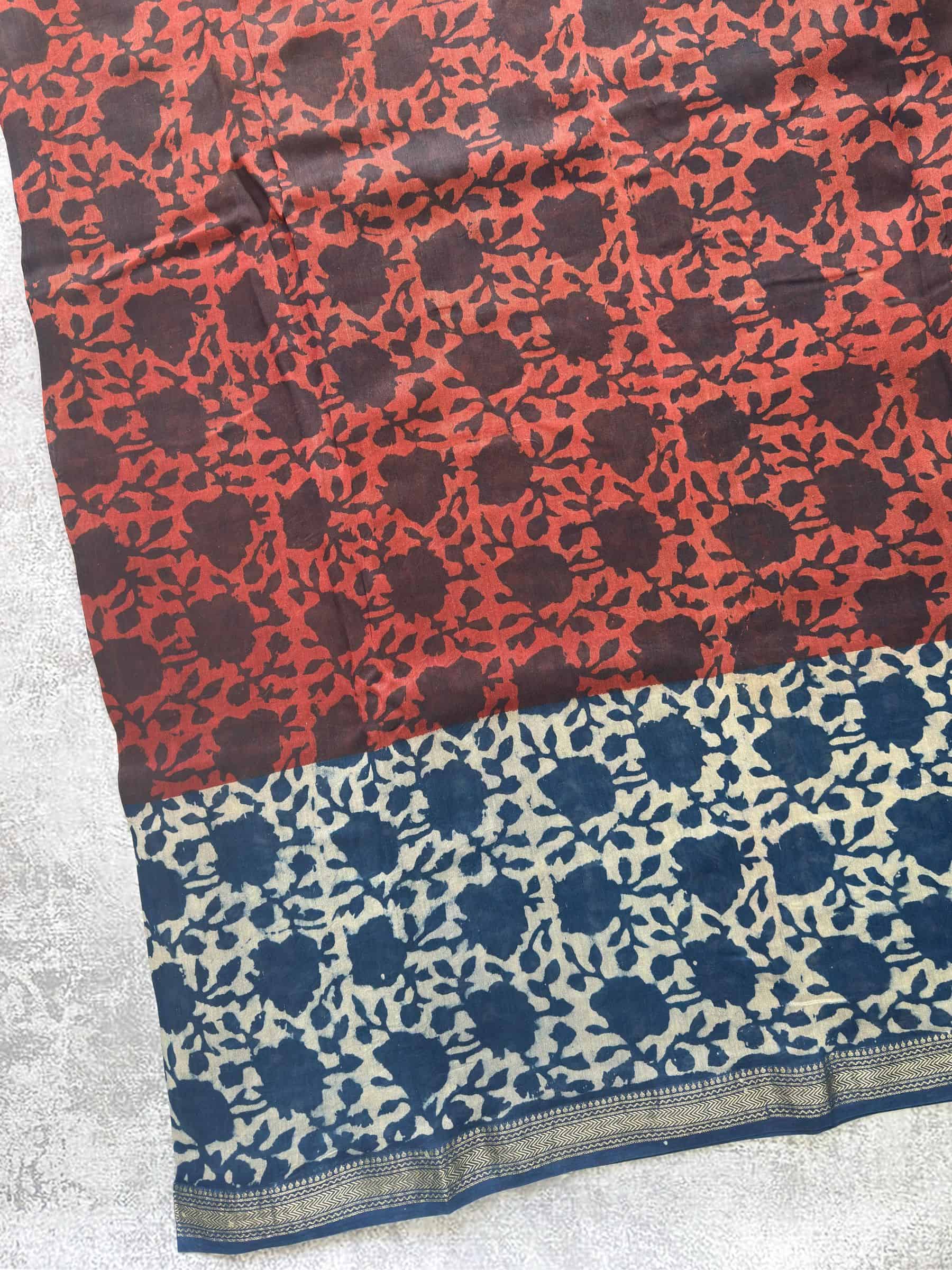 Hand Block Printed Maheshwari Silk Cotton Saree in Rust Red and Indigo