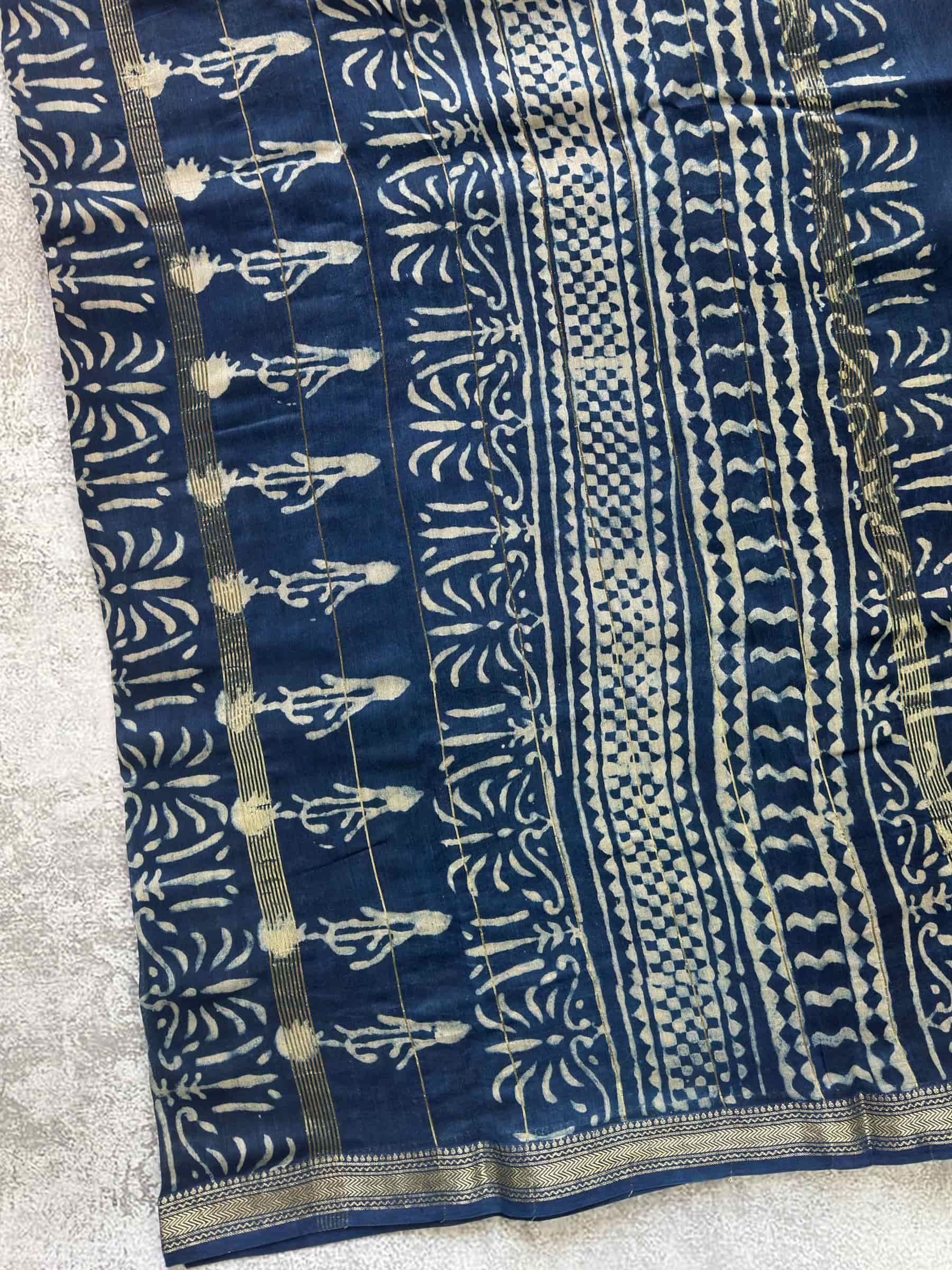 Hand Block Printed Maheshwari Cotton Silk Saree in Rust Red and Indigo