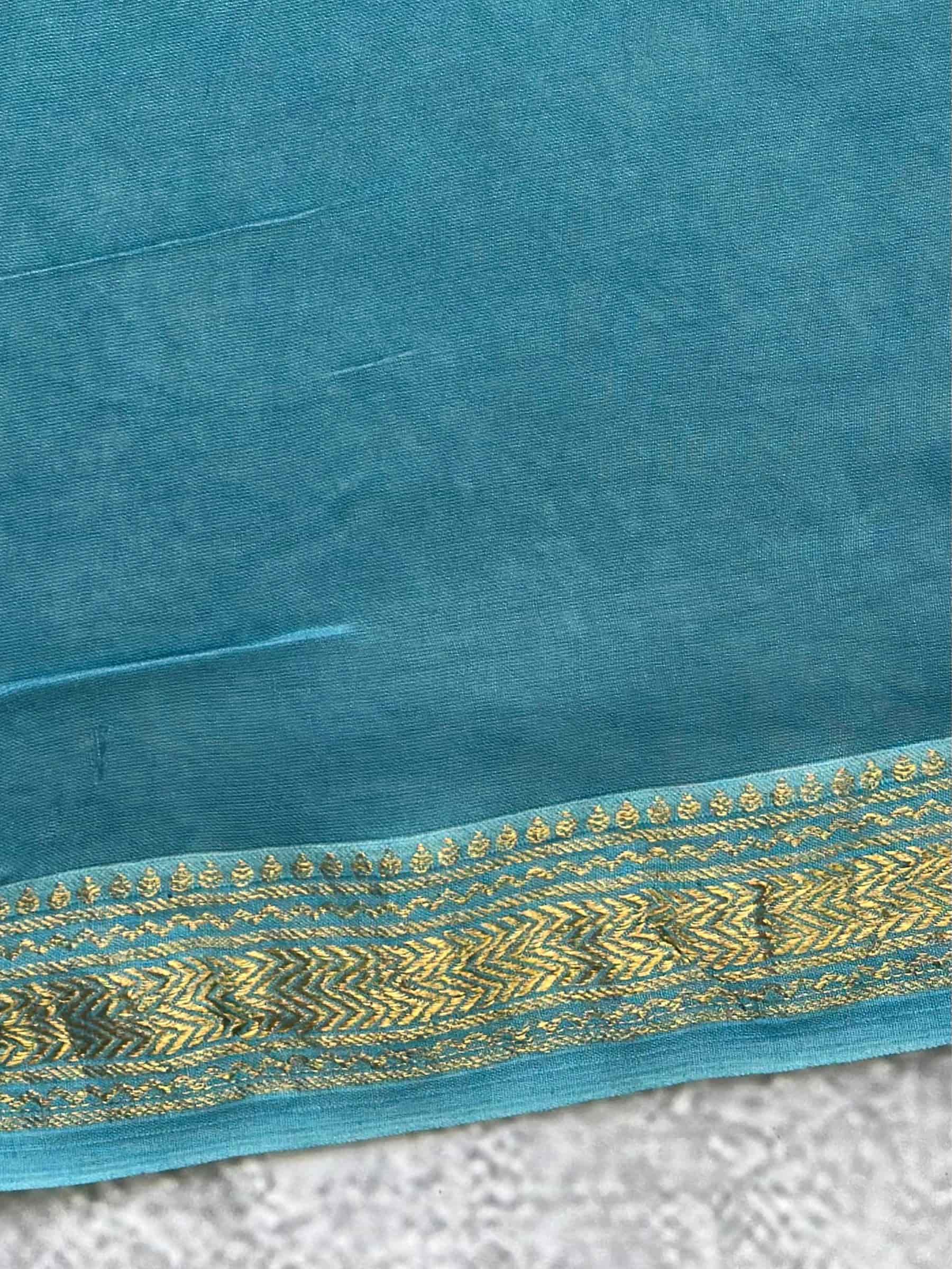 Hand Block Printed Maheshwari Cotton Silk Saree in Teal Blue